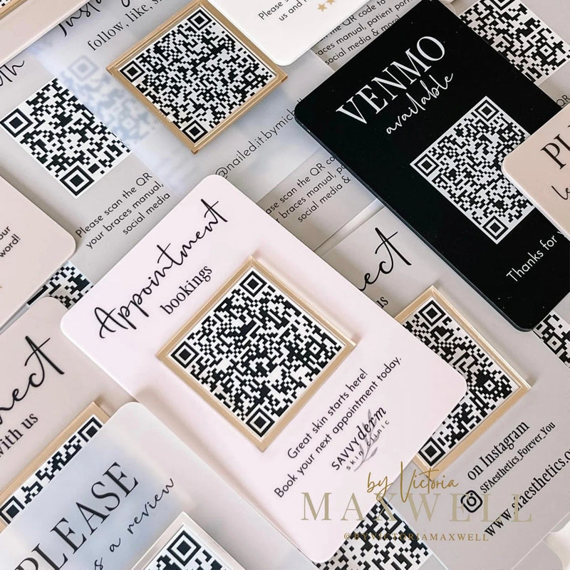 Premium acrylic QR code business signs for salons, cafés, restaurants and retail stores
