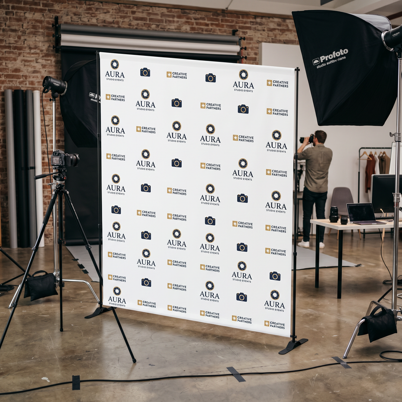 Branded exhibition backdrop displayed at trade show event