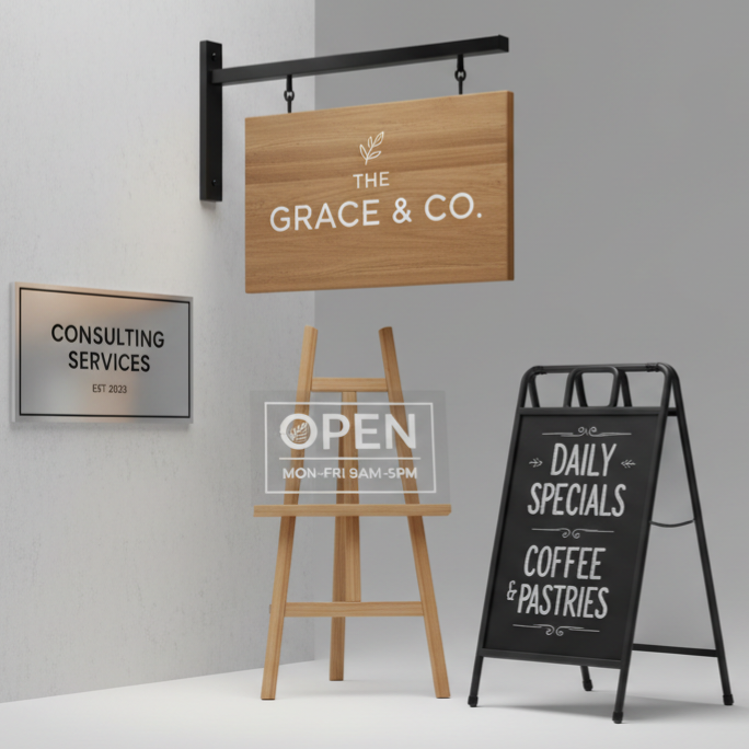 Business sign bundle including logo sign and QR code display