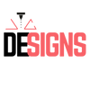 Logo with stylized letters 'DESIGNS' in black and red on a white background