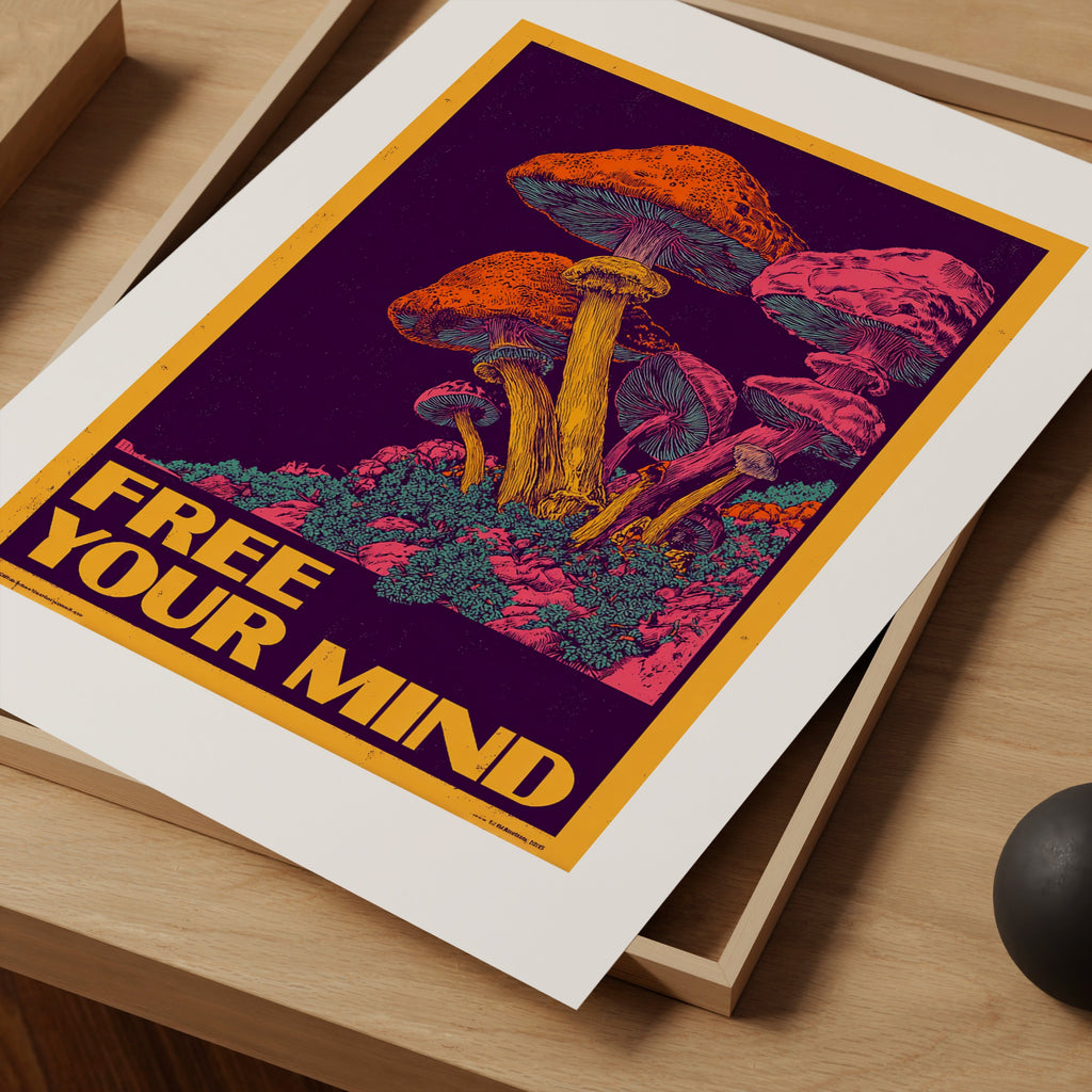 Psychedelic Mushroom Wall Art Print – Trippy “Free Your Mind” Poster, Retro Festival Art, Colourful Giclée Print Decor V&C Designs Ltd
