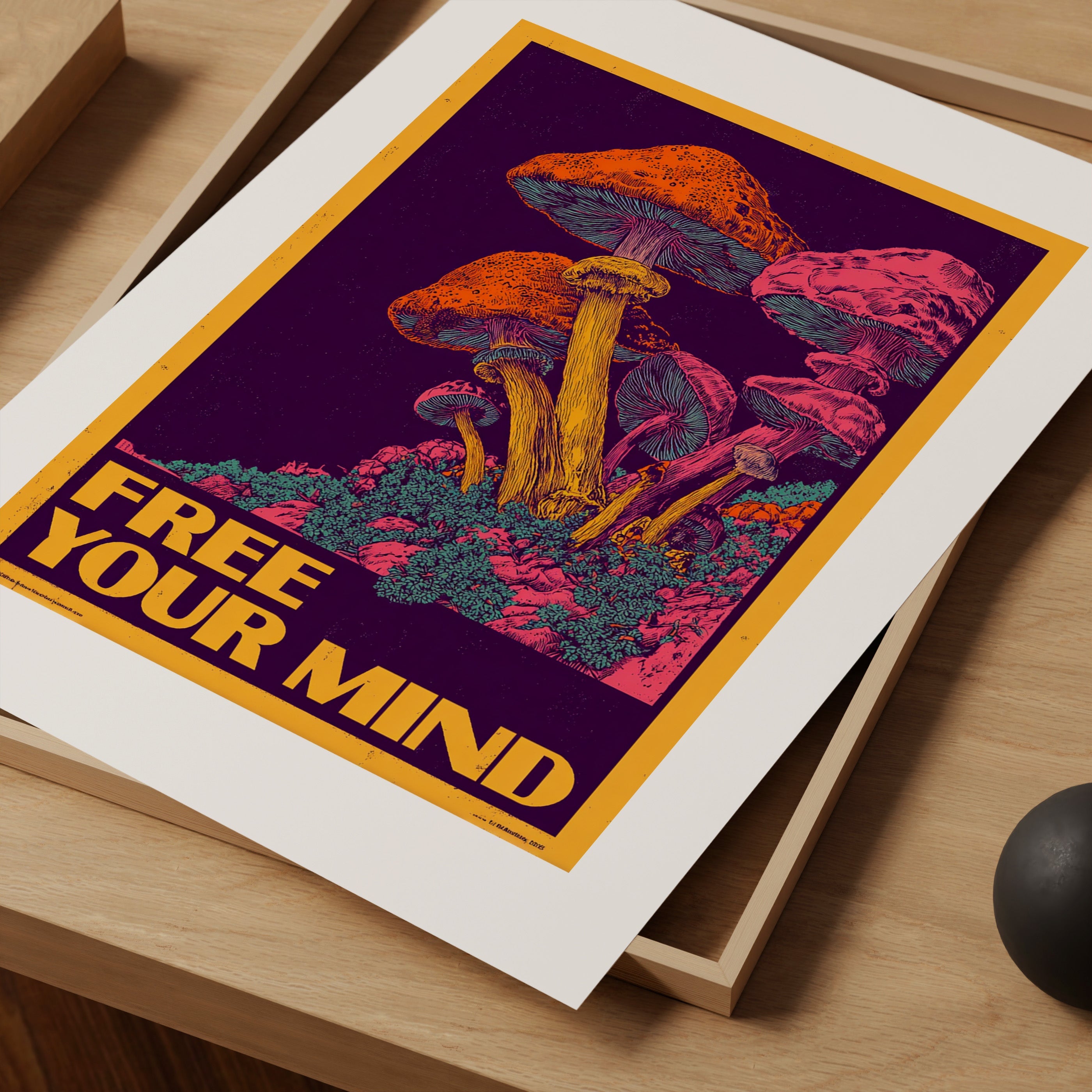Psychedelic Mushroom Wall Art Print – Trippy “Free Your Mind” Poster, Retro Festival Art, Colourful Giclée Print Decor V&C Designs Ltd