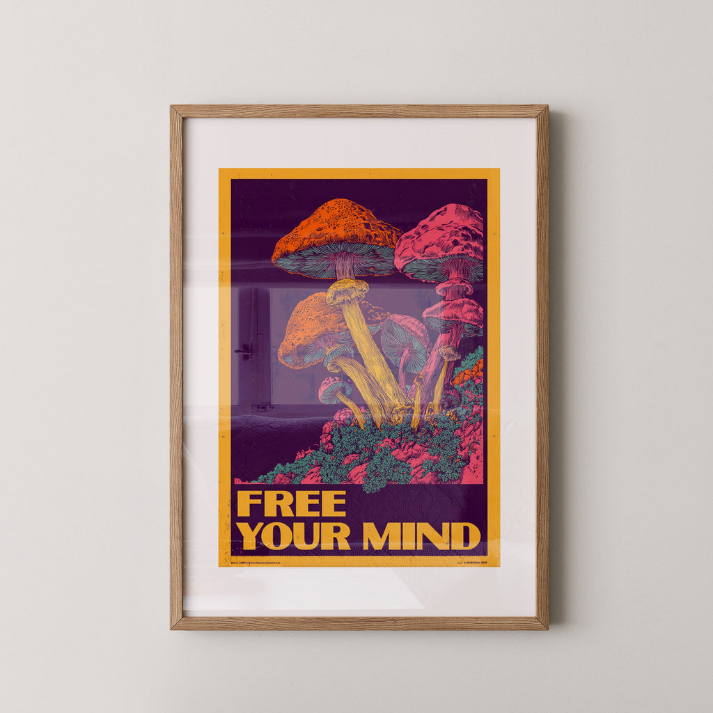 Psychedelic Mushroom Wall Art Print – Trippy “Free Your Mind” Poster, Retro Festival Art, Colourful Giclée Print Decor V&C Designs Ltd