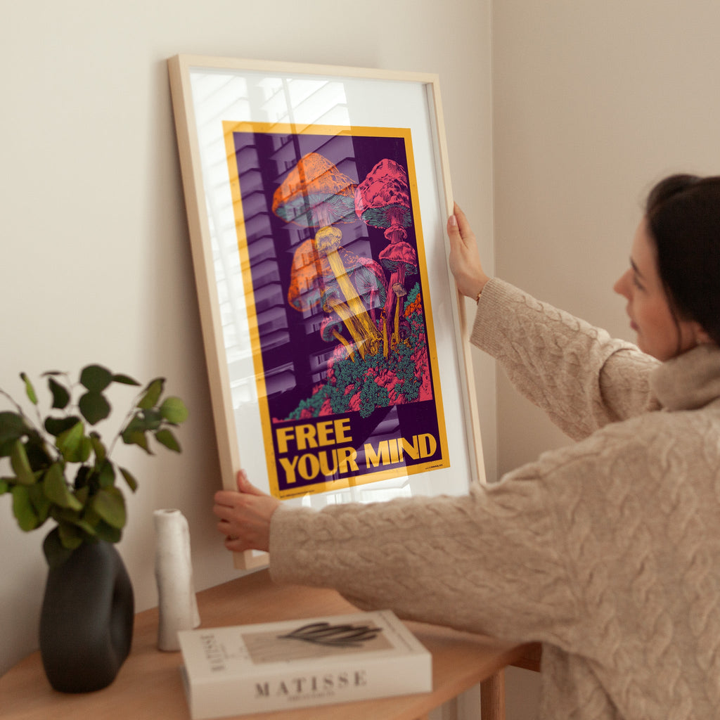 Psychedelic Mushroom Wall Art Print – Trippy “Free Your Mind” Poster, Retro Festival Art, Colourful Giclée Print Decor V&C Designs Ltd