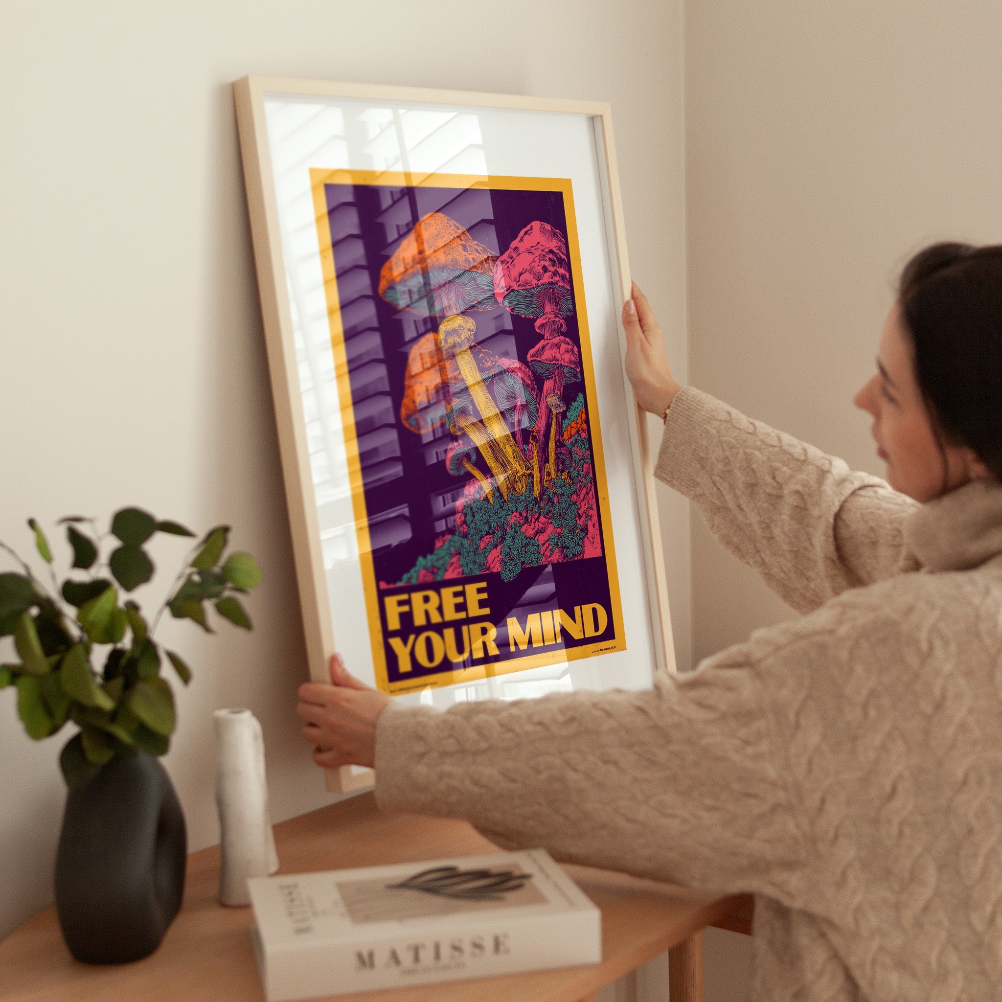 Psychedelic Mushroom Wall Art Print – Trippy “Free Your Mind” Poster, Retro Festival Art, Colourful Giclée Print Decor V&C Designs Ltd