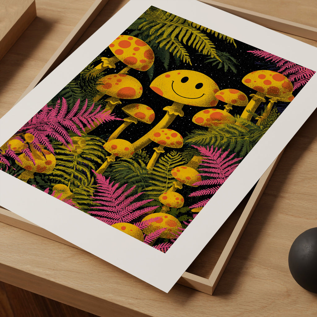 Smiley Mushroom Wall Art Print – Cute Psychedelic Poster, Kawaii Aesthetic Decor, Colourful Giclée Print V&C Designs Ltd