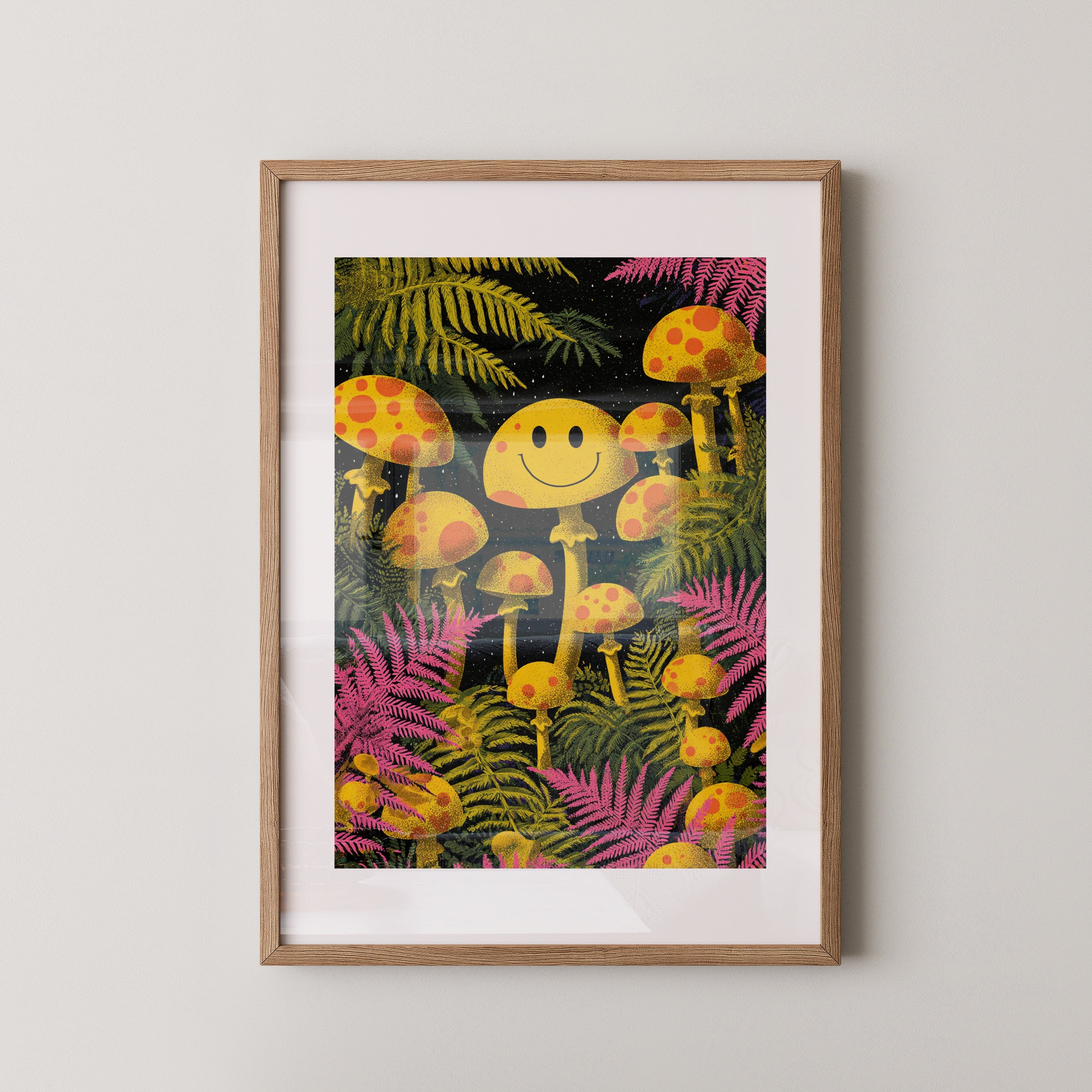 Smiley Mushroom Wall Art Print – Cute Psychedelic Poster, Kawaii Aesthetic Decor, Colourful Giclée Print V&C Designs Ltd