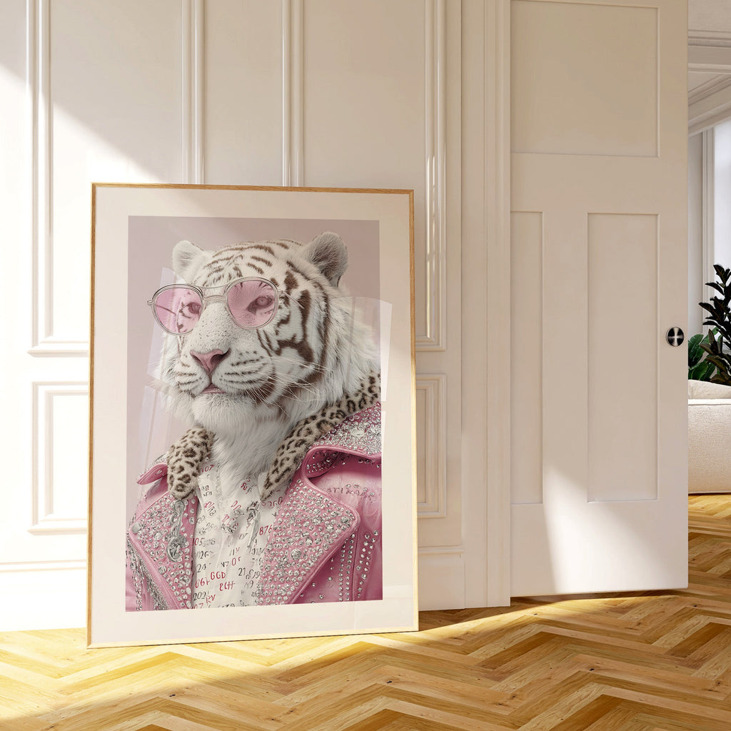 White Tiger Wall Art Print – Luxury Animal Portrait, Fashion Style Poster, Pink Aesthetic Statement Giclée Print V&C Designs Ltd