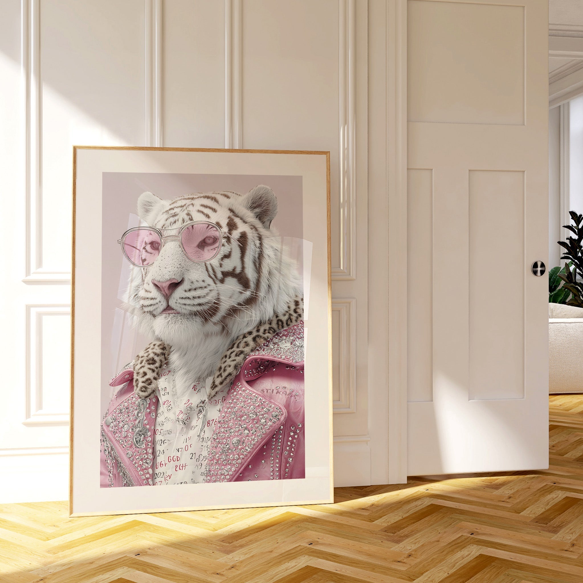 White Tiger Wall Art Print – Luxury Animal Portrait, Fashion Style Poster, Pink Aesthetic Statement Giclée Print V&C Designs Ltd