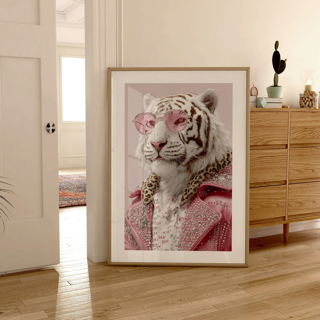 White Tiger Wall Art Print – Luxury Animal Portrait, Fashion Style Poster, Pink Aesthetic Statement Giclée Print V&C Designs Ltd