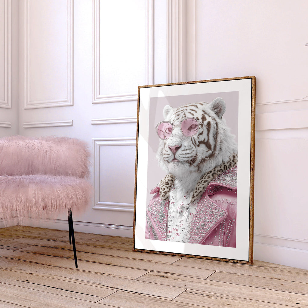 White Tiger Wall Art Print – Luxury Animal Portrait, Fashion Style Poster, Pink Aesthetic Statement Giclée Print V&C Designs Ltd