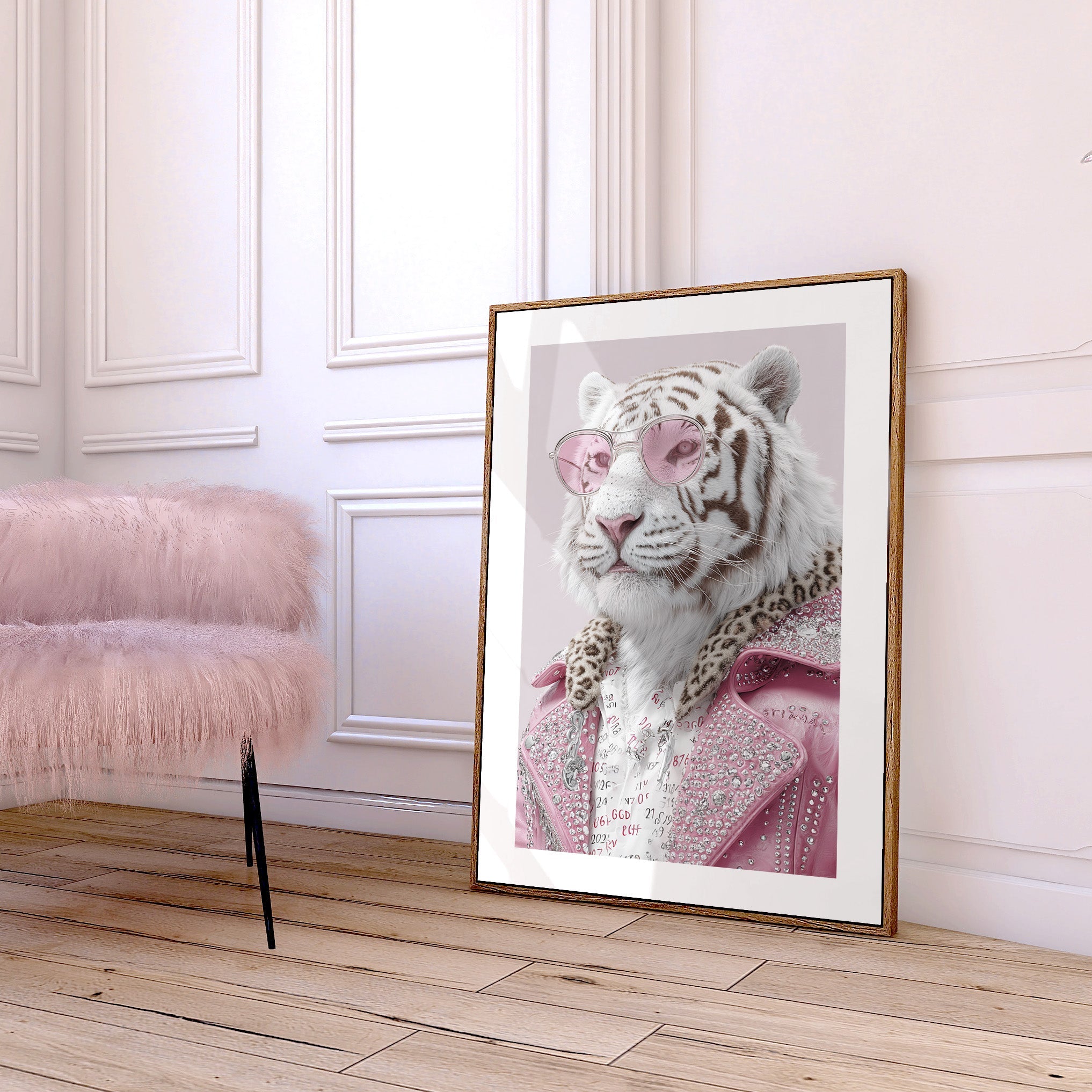 White Tiger Wall Art Print – Luxury Animal Portrait, Fashion Style Poster, Pink Aesthetic Statement Giclée Print V&C Designs Ltd