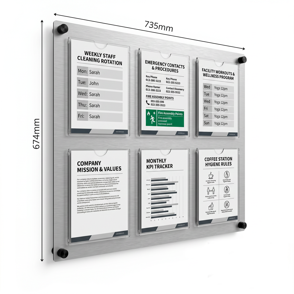 Architectural brushed metal information display wall board for reception areas