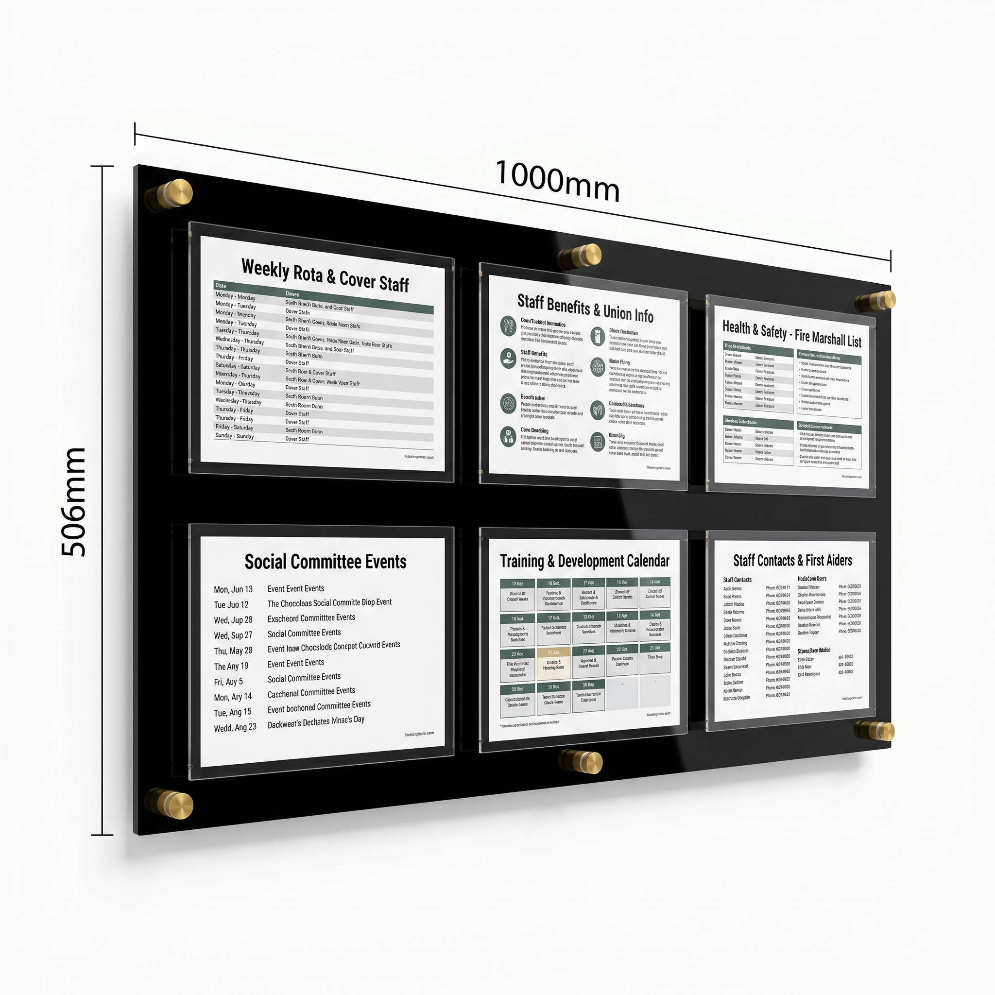 Wall-mounted notice board with six framed pieces of paper displaying various information.