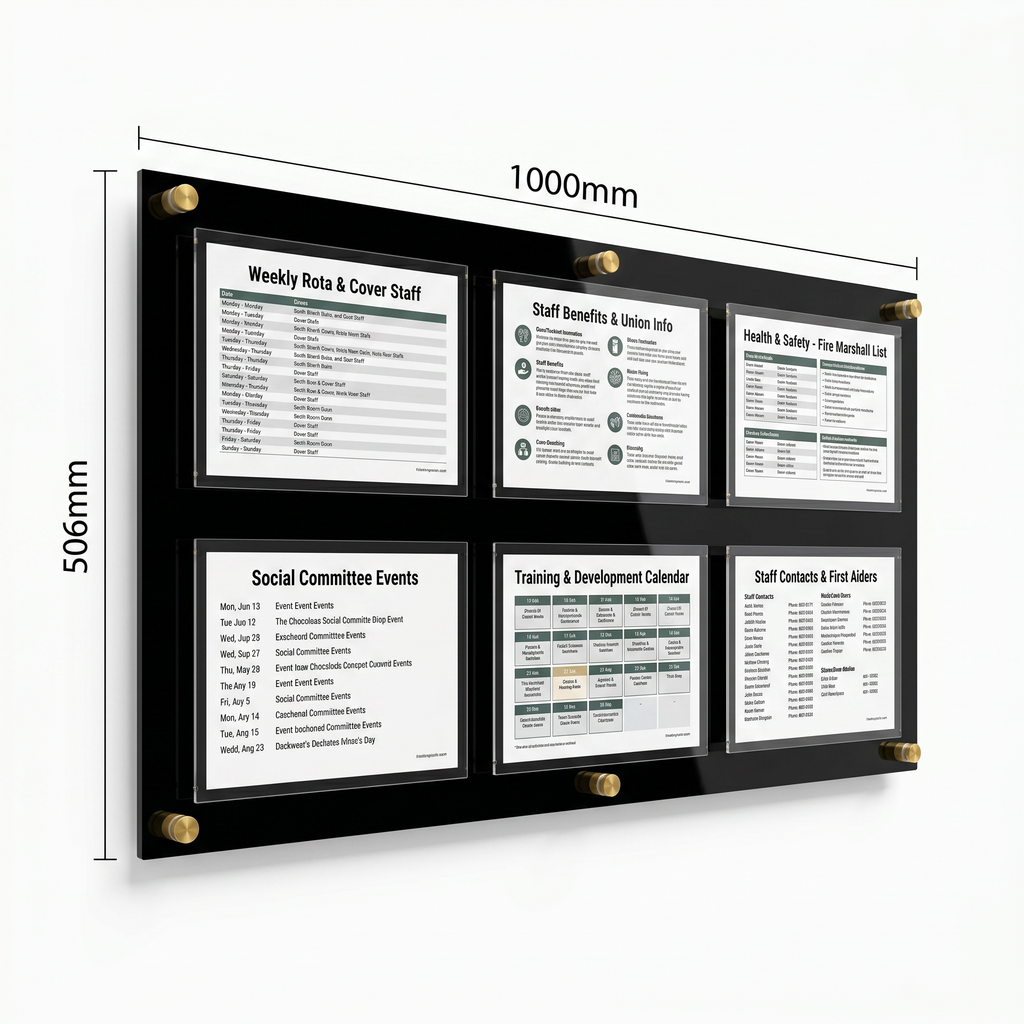 Wall-mounted notice board with six framed pieces of paper displaying various information.
