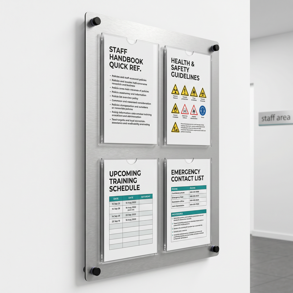 Brushed silver ACM information display wall board with 4 A4 poster pockets