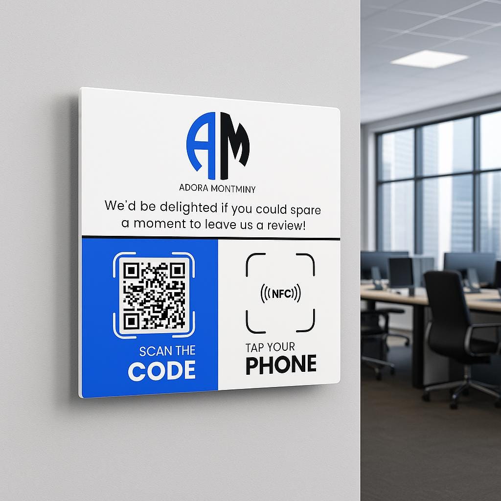 Custom NFC tap-to-review wall plaque on salon wall