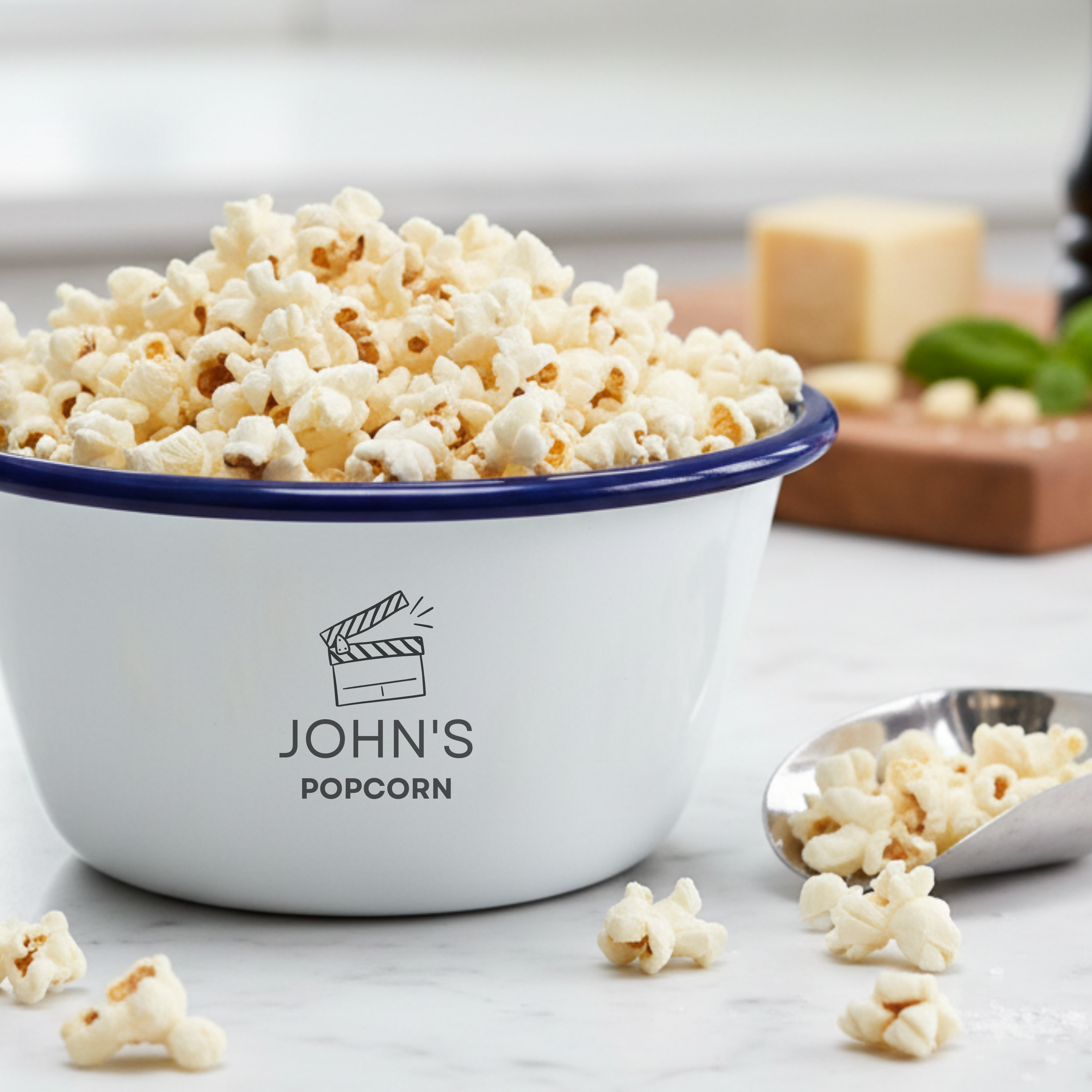 Personalised Falcon enamelware popcorn bowl engraved with custom name and movie night design, ideal for cinema rooms, family movie nights and personalised gifts.