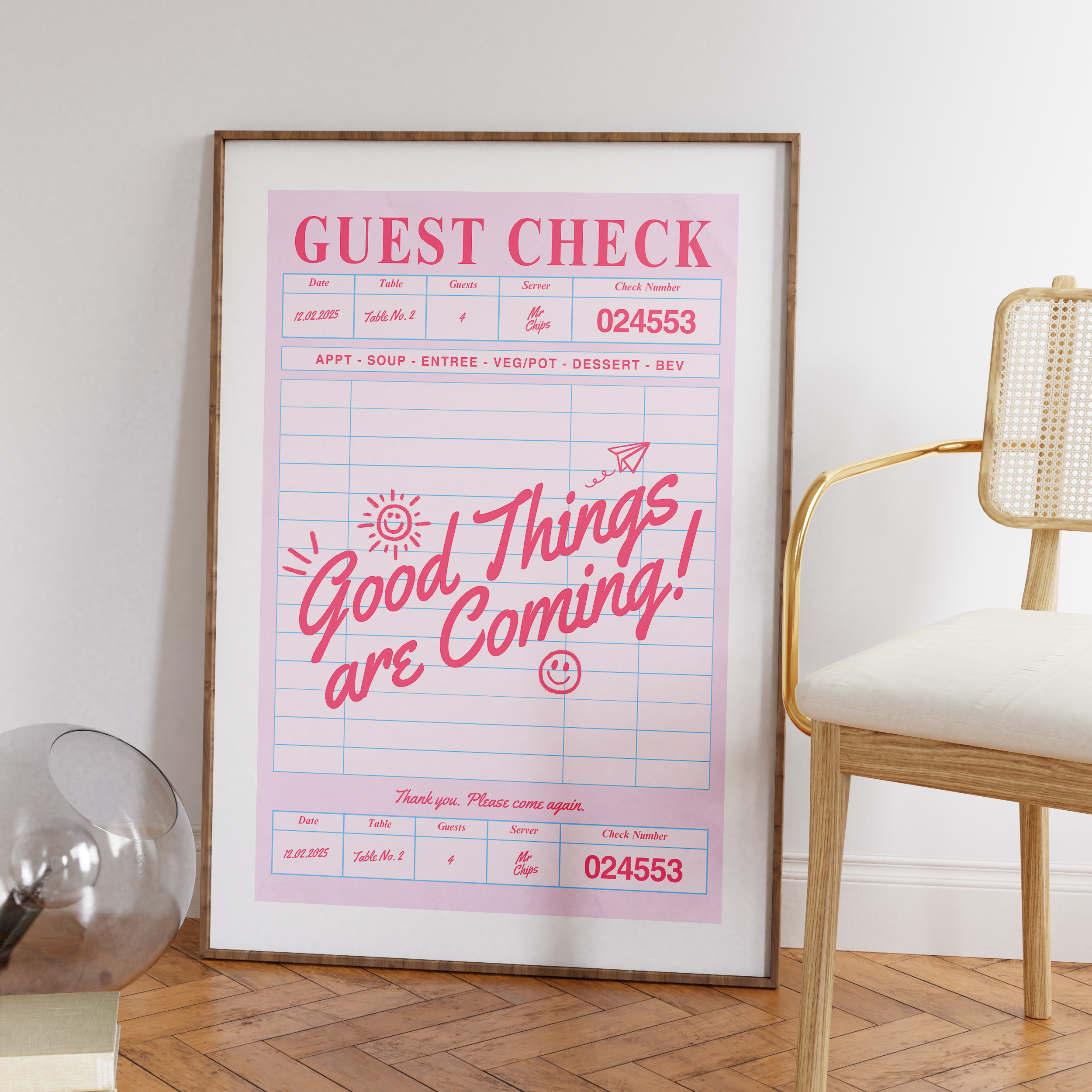 Guest Check Wall Art Print – Good Things Are Coming Poster, Vintage Diner Aesthetic, Typography Quote Giclée Print V&C Designs Ltd