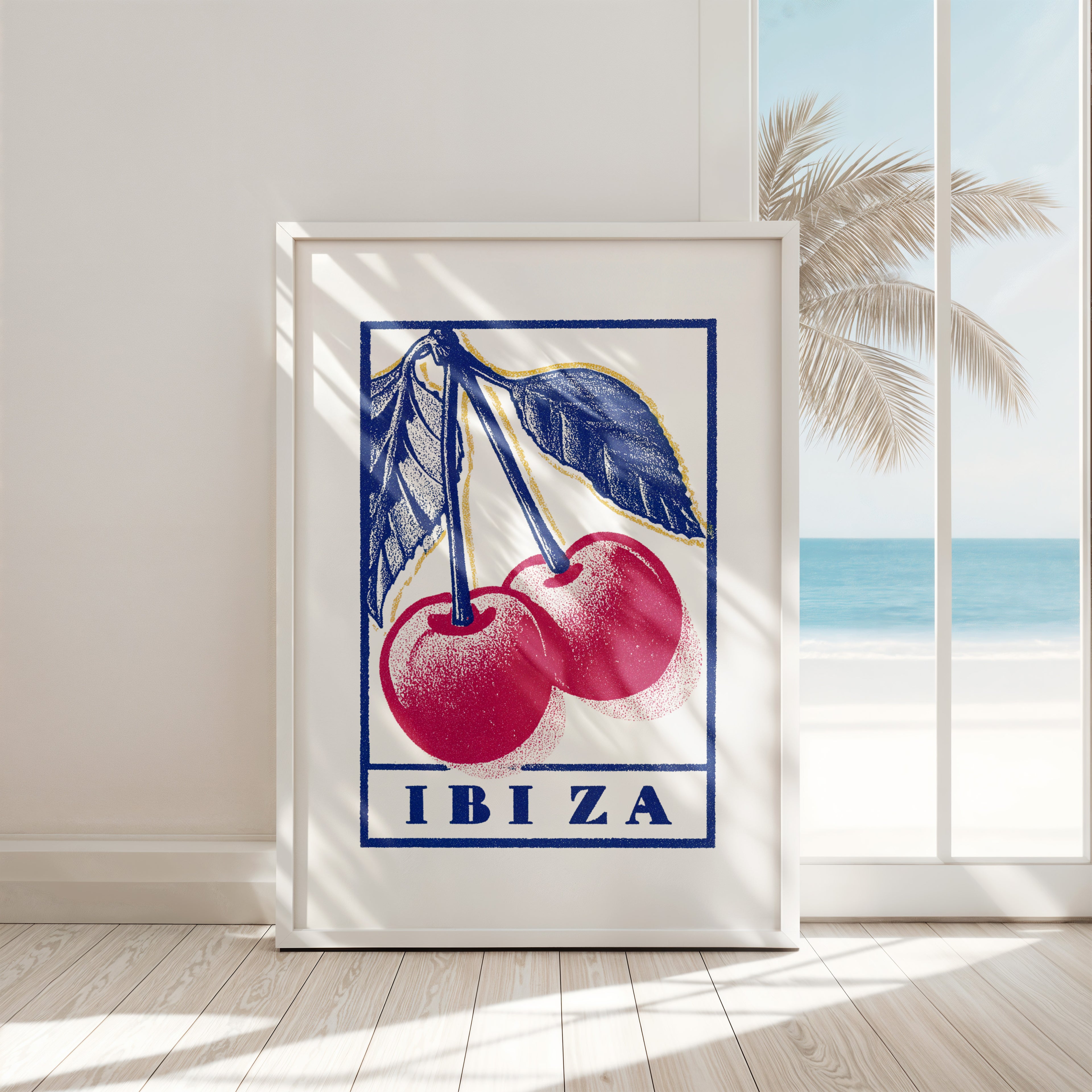 Ibiza cherries travel poster style giclée art print for walls