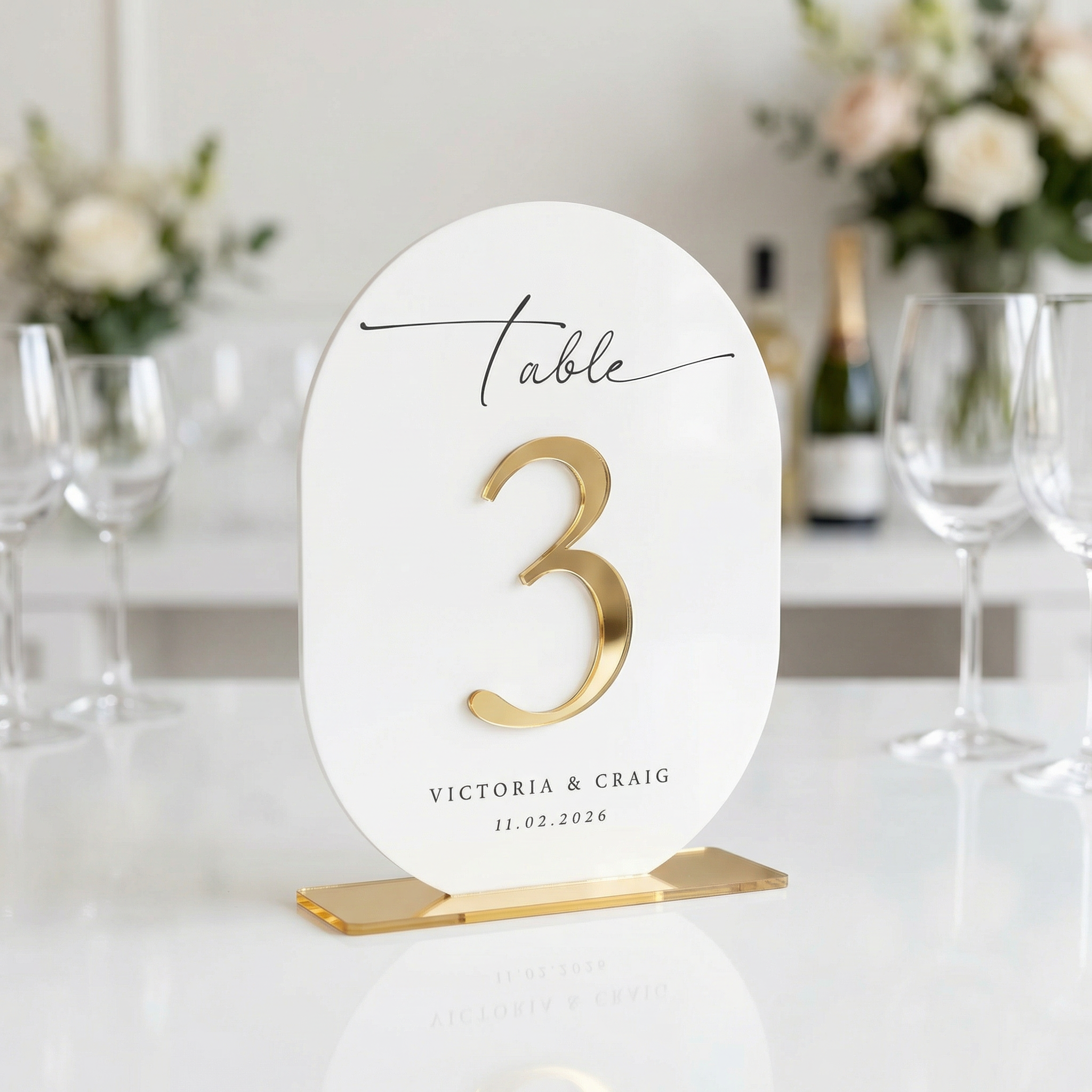 Personalised wedding table number sign with gold mirror acrylic number