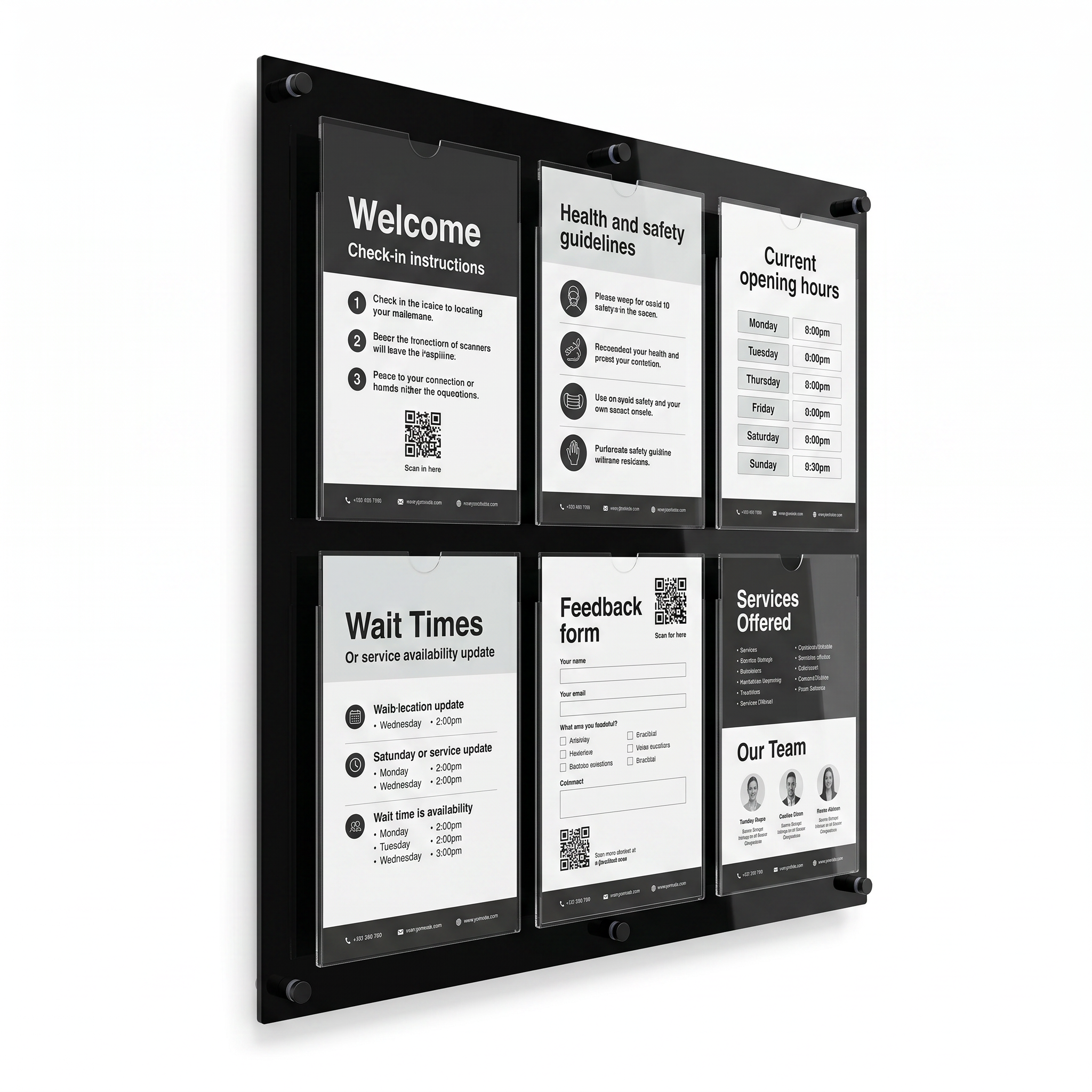 Multifunctional display board with various information panels on a white background