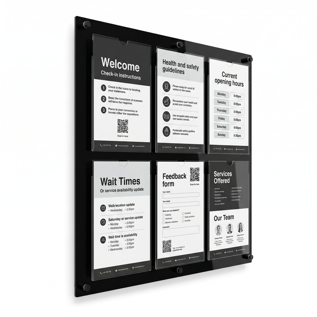 Multifunctional display board with various information panels on a white background