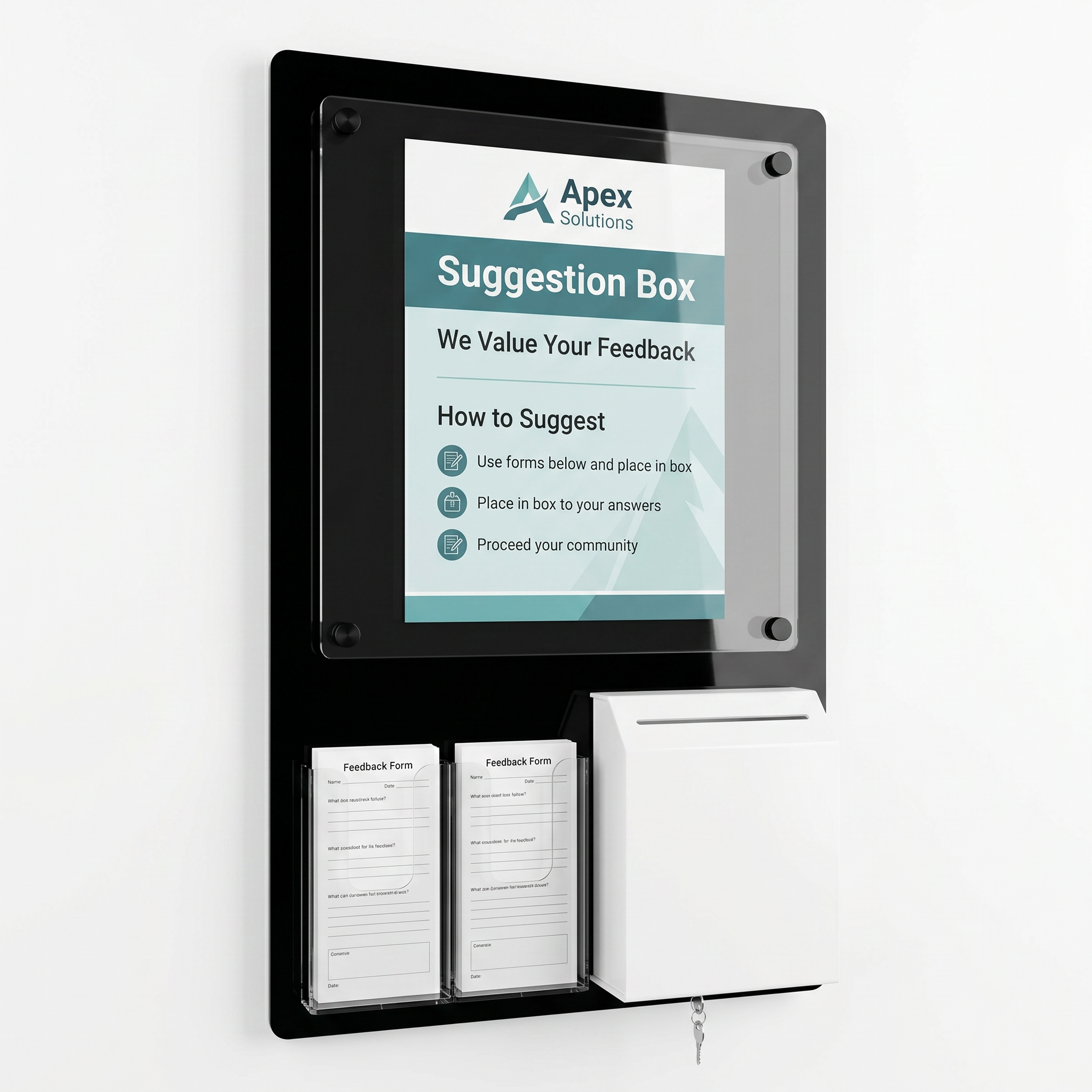 Suggestion box with Apex Solutions branding on a white background