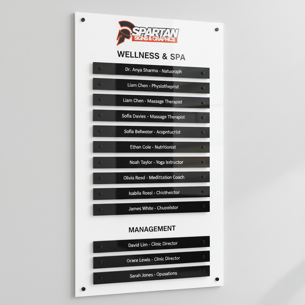 Custom business signage display featuring acrylic logo signs, office signs and branded QR code signs by V&C Designs UK