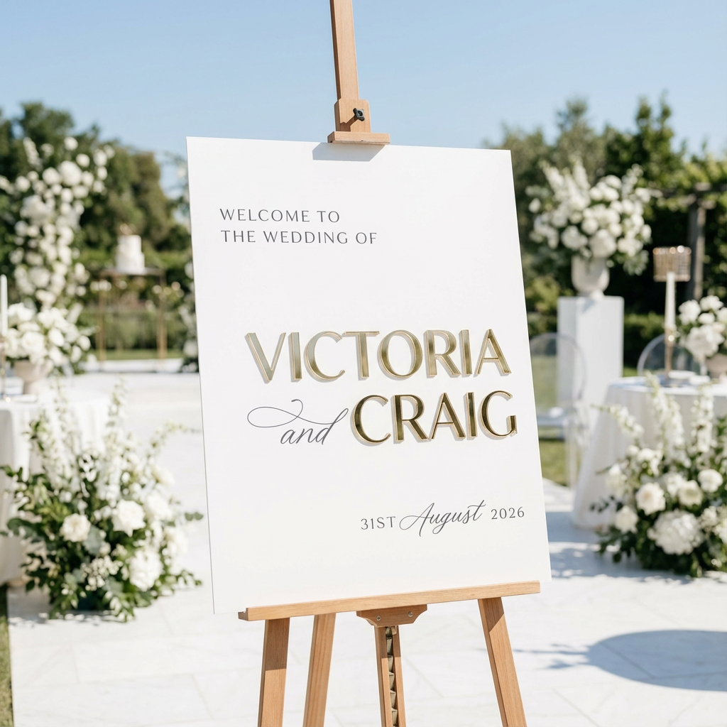 Wedding welcome sign on an easel with floral decorations in the background