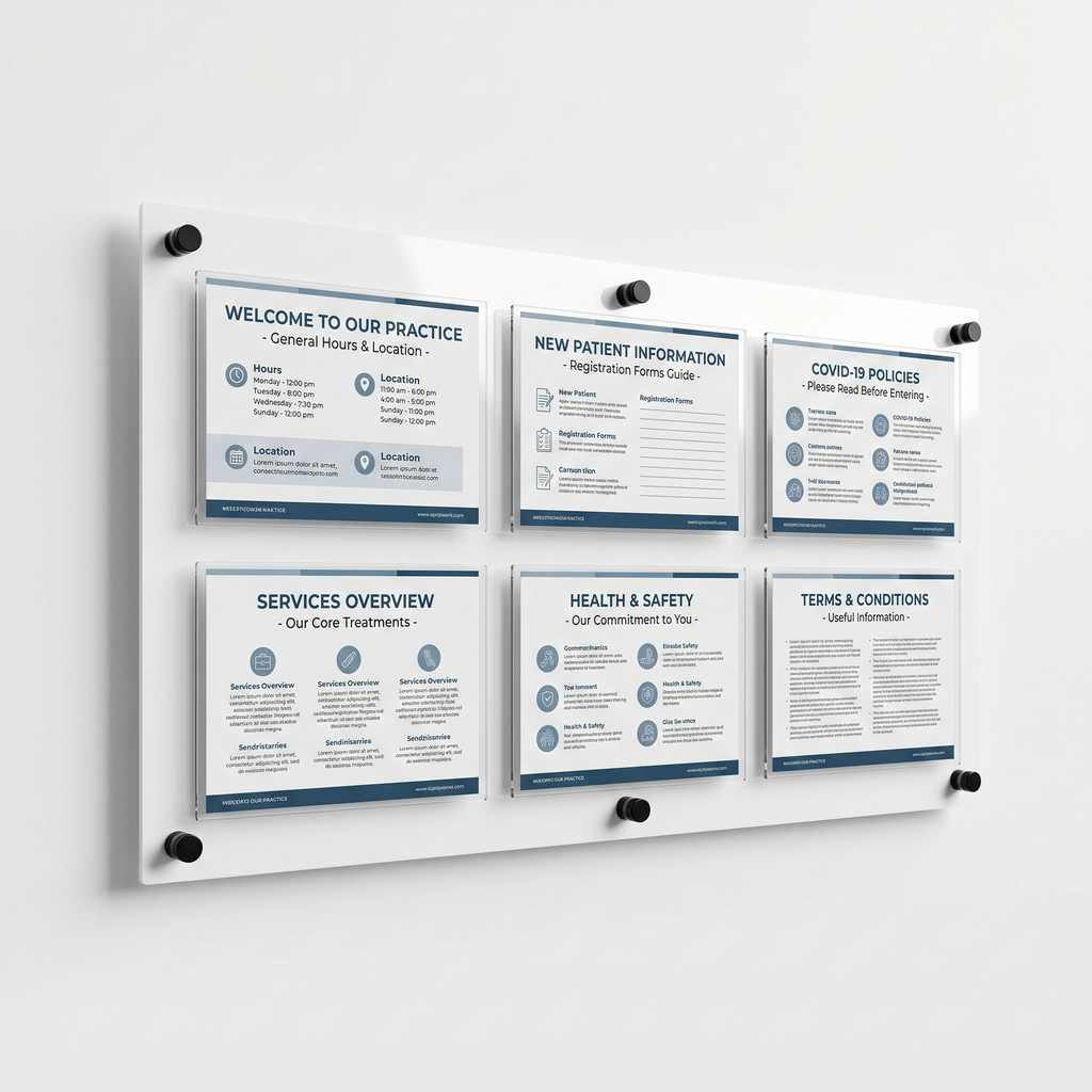 Information board with various posters on a white wall
