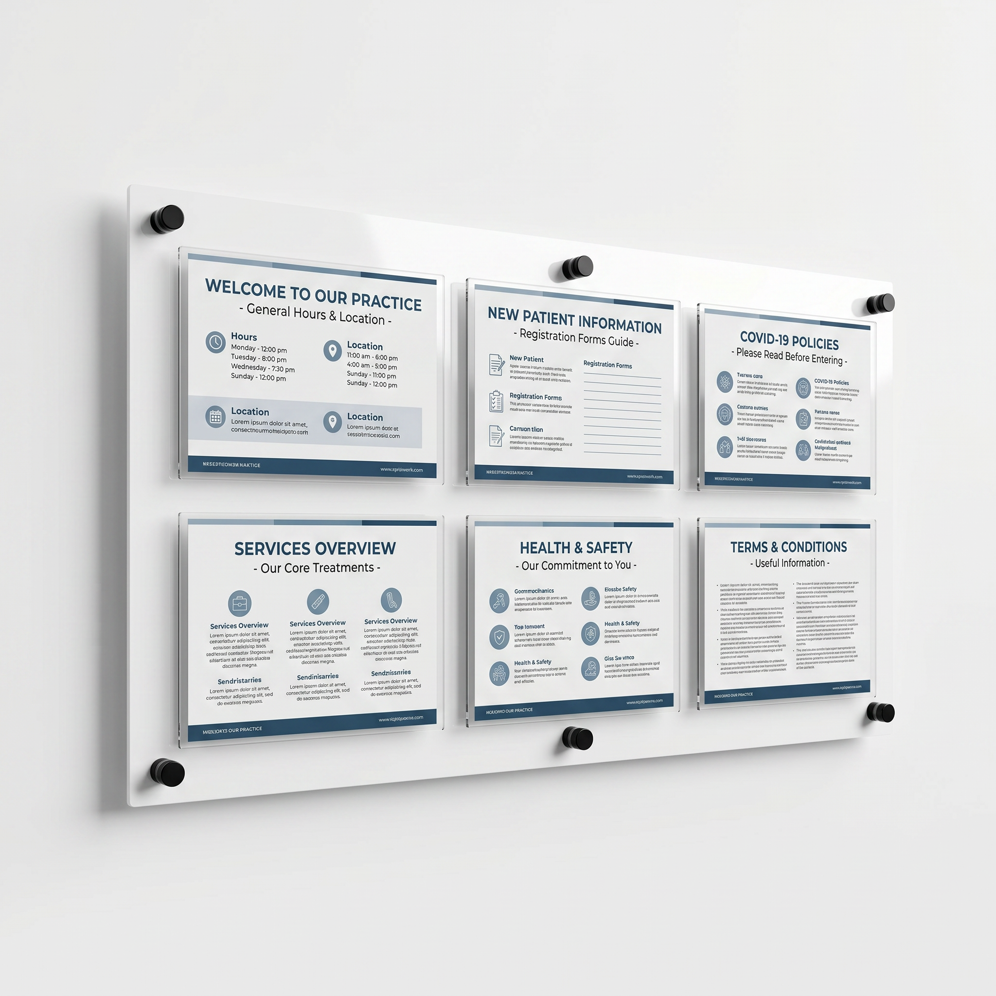 Information board with various posters on a white wall