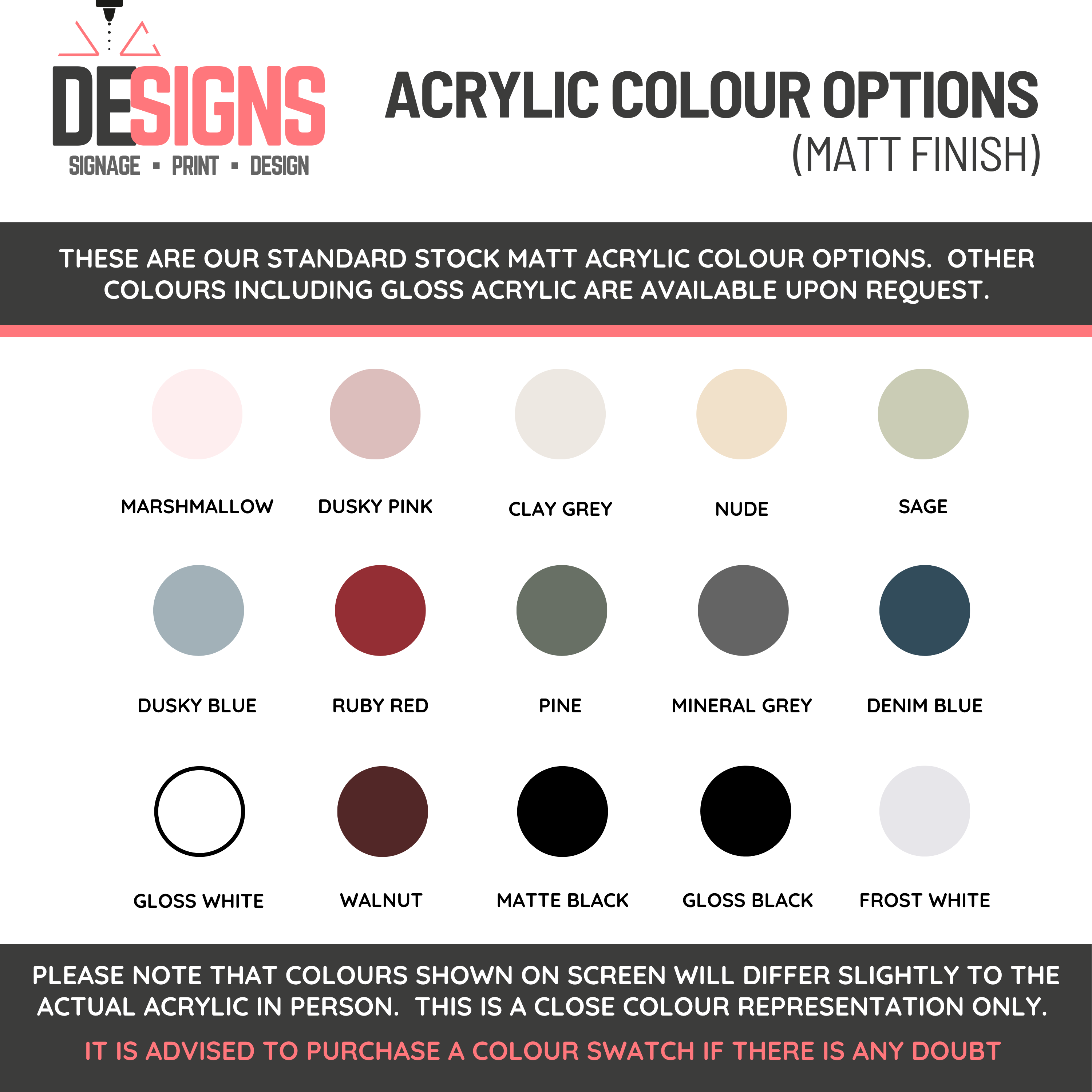Matt acrylic colour options chart showing standard signage colour swatches by V&C Designs