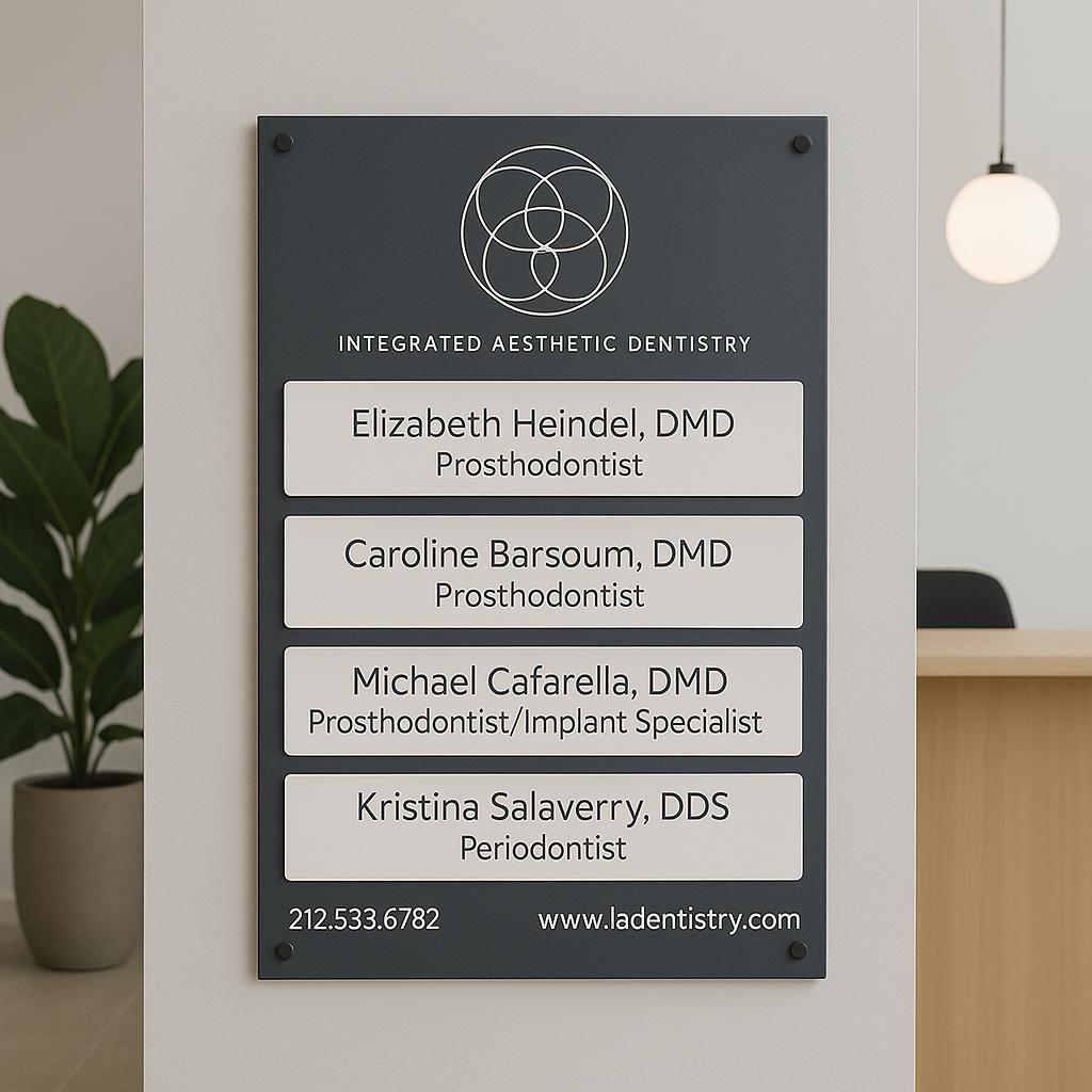 Modern acrylic office directory sign for dental practice – professional business signage by V&C Designs.