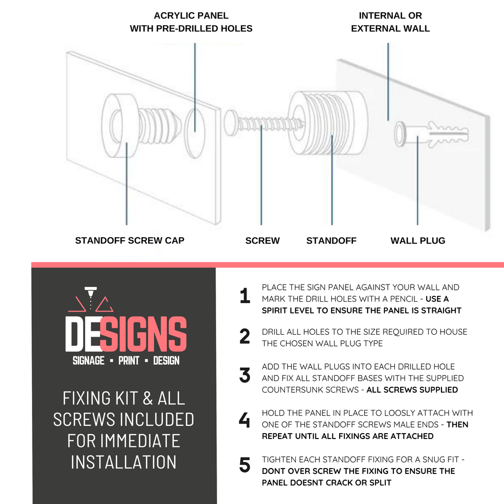 Acrylic sign installation guide showing standoff fixings and step‑by‑step mounting instructions by V&C Designs.
