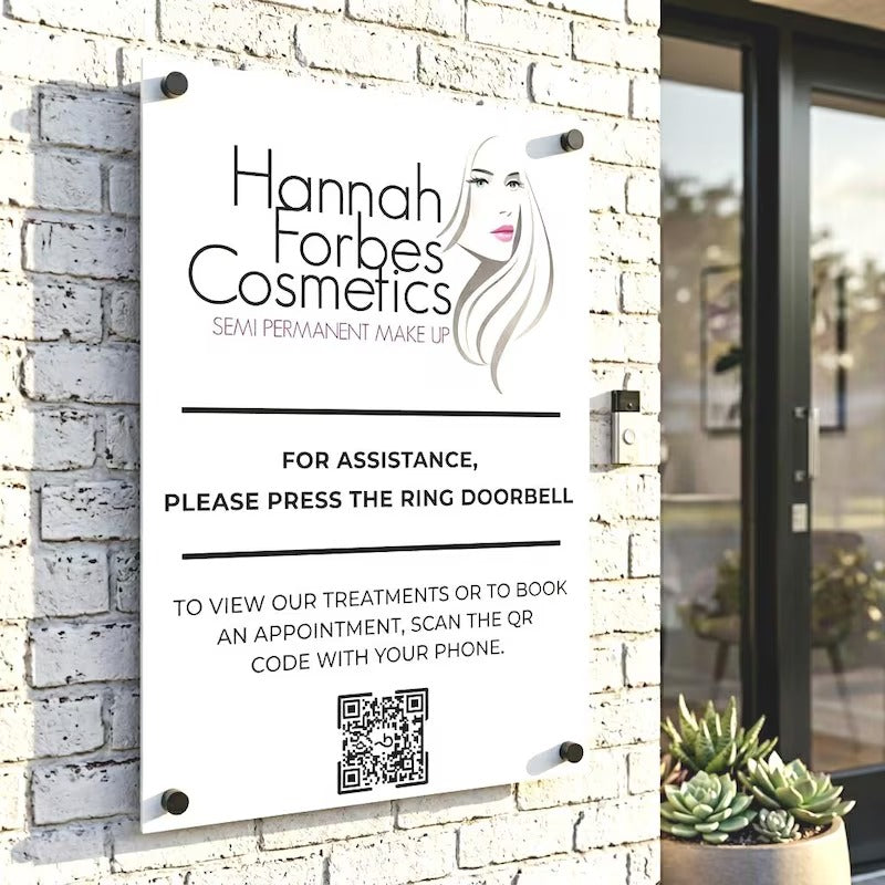 Custom Acrylic Beauty Salon Sign with QR Code Booking System, Professional Business Branding, Exterior Wall Mounting and Stand Off Fixings by V&C Designs