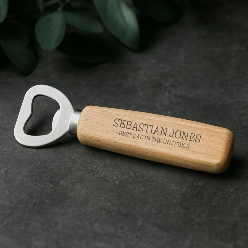 Personalised wooden bottle opener engraved with custom name