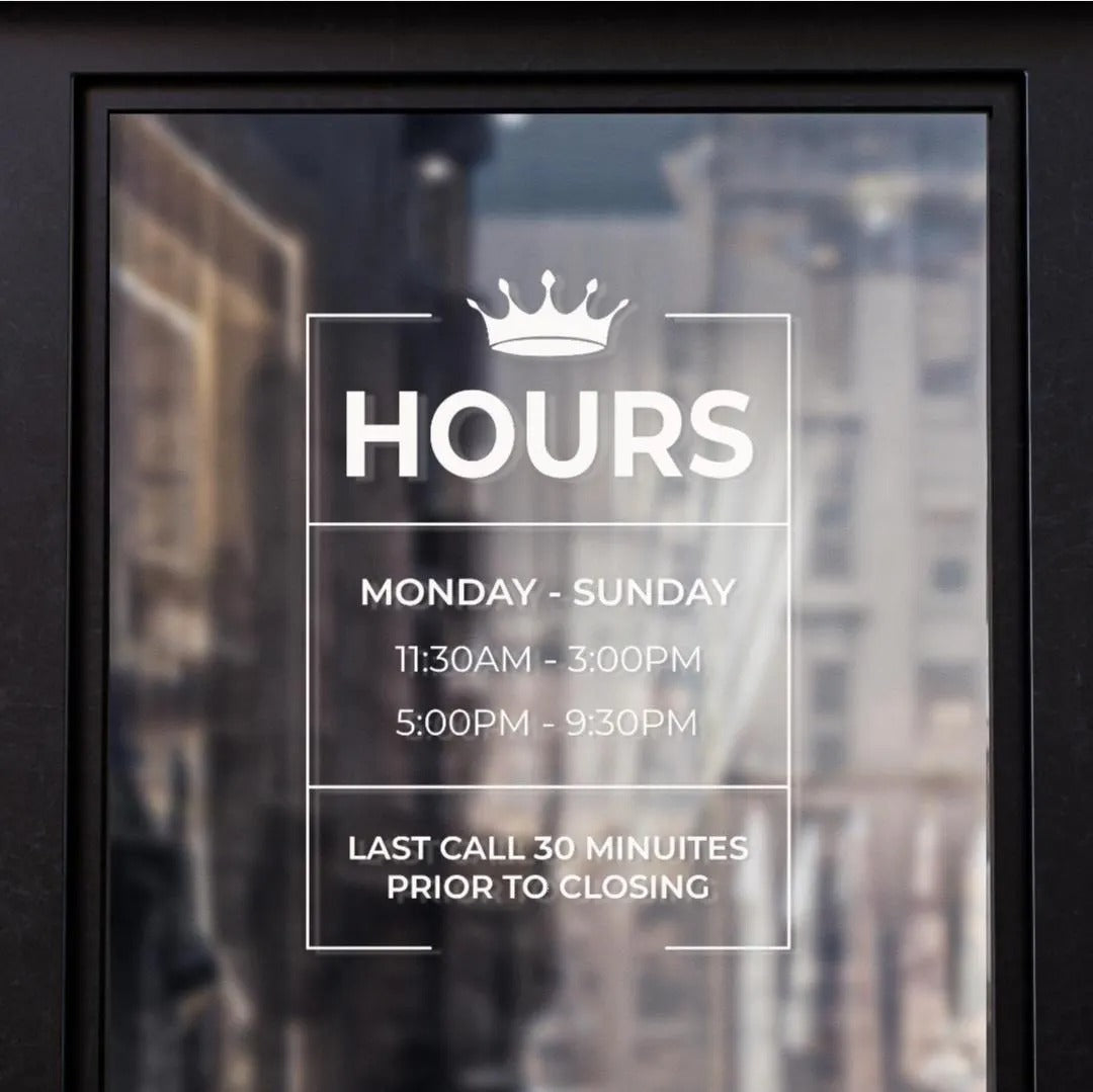 Premium opening hours sign applied to glass business entrance