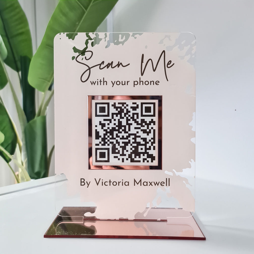 Custom Social Media QR Code Acrylic Sign | Personalized Business Plaque Salon, Connect with us, Scan to Pay Payment, Counter Table Standee