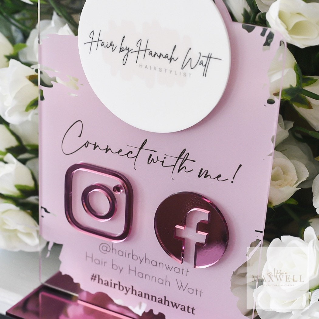 Personalised Social Media Acrylic Sign Stand with Business Logo | Salon Sign | Beauty Sign | Beautician Sign QR Code | Social Network Plaque
