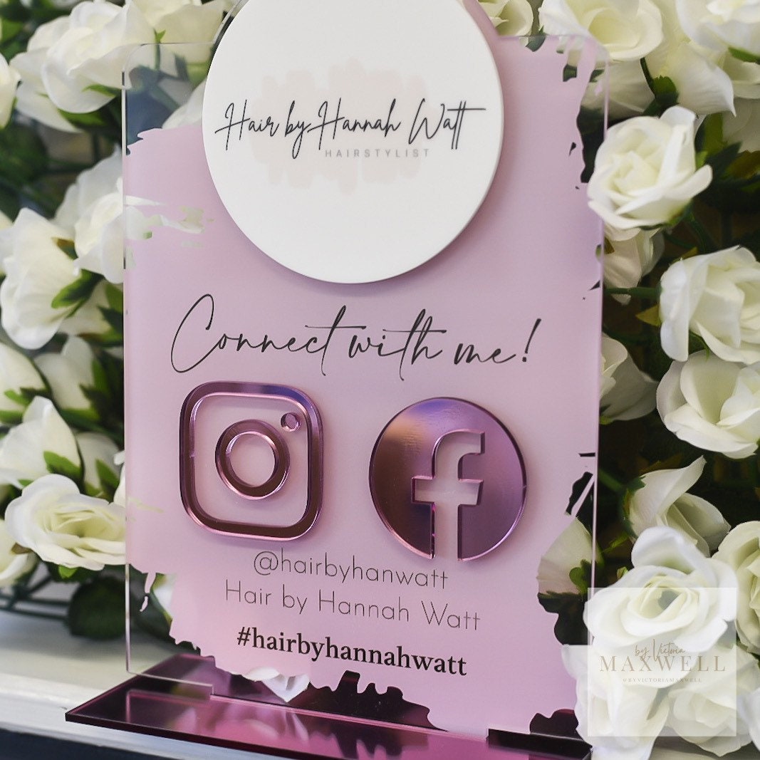 Personalised Social Media Acrylic Sign Stand with Business Logo | Salon Sign | Beauty Sign | Beautician Sign QR Code | Social Network Plaque