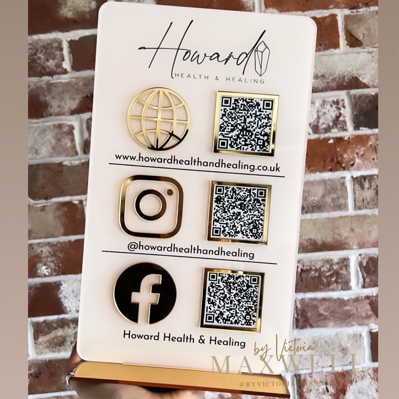 Personalised social media QR code acrylic sign plaque with custom logo with gold mirror details and a gold mirror stand