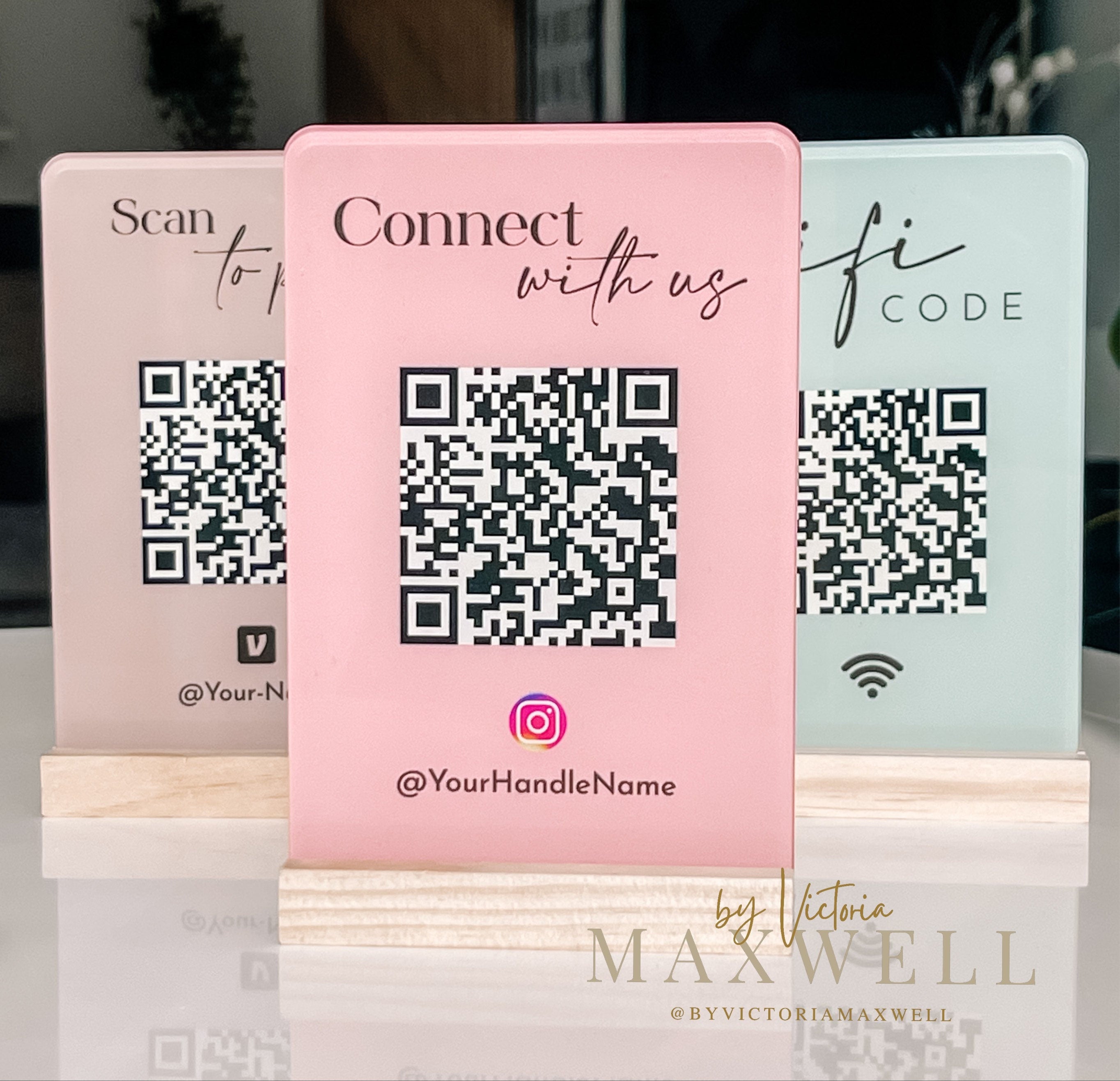 business logo sign, desk top google review sign, acrylic sign, QR code plaque, personalised table talker, small business marketing sign | By Victoria Maxwell - V&C Designs Ltd