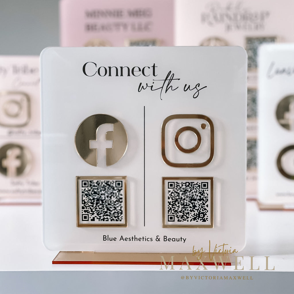 Business Review QR Code Sign, Social Media Sign Plaque, Connect With Us, Scan to Pay, Multi Social Platform Marketing