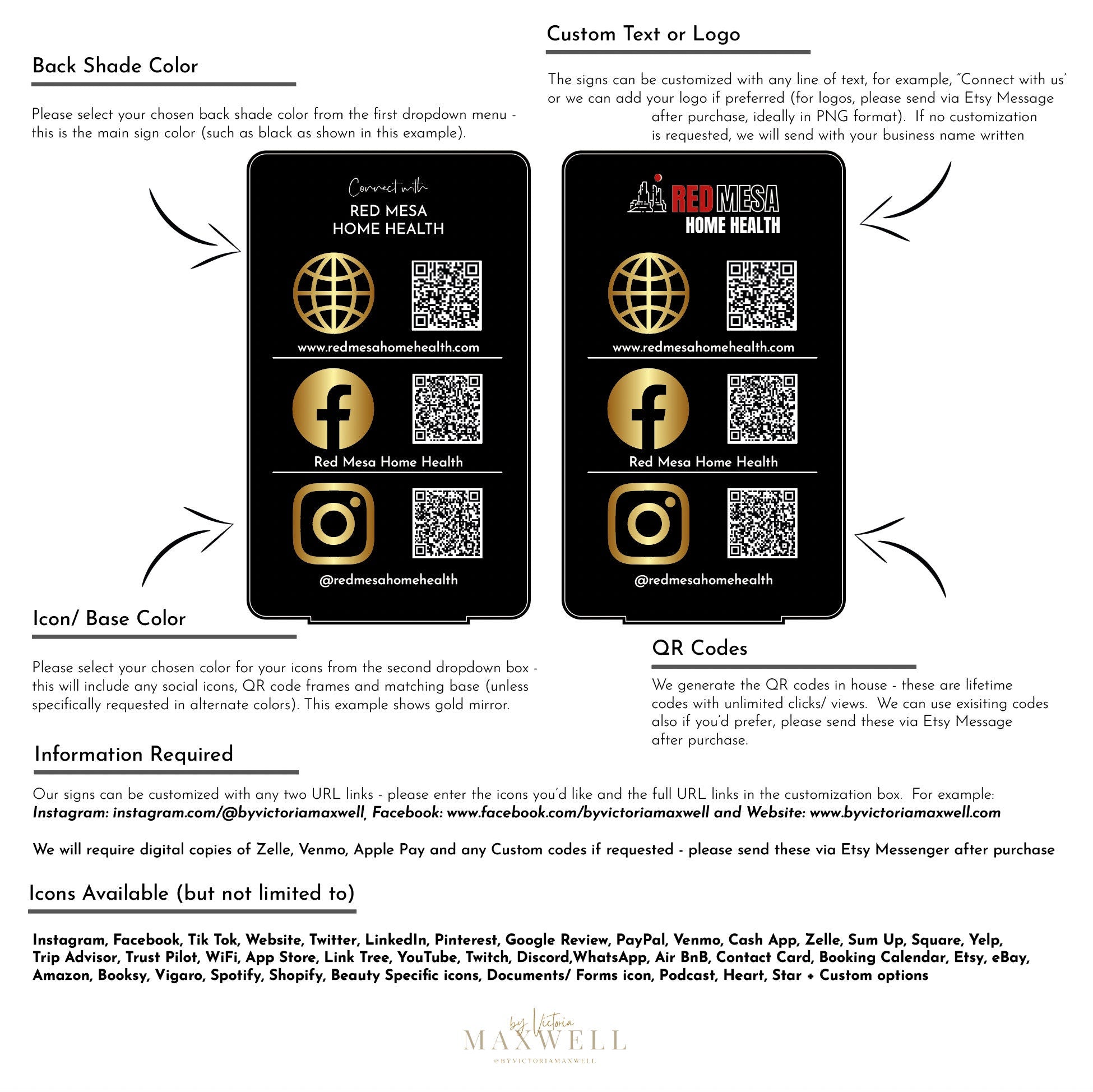 Triple Icon and QR Code Stand Instagram Business Social Media Sign | Salon Sign | QR Code Sign Marketing Sign