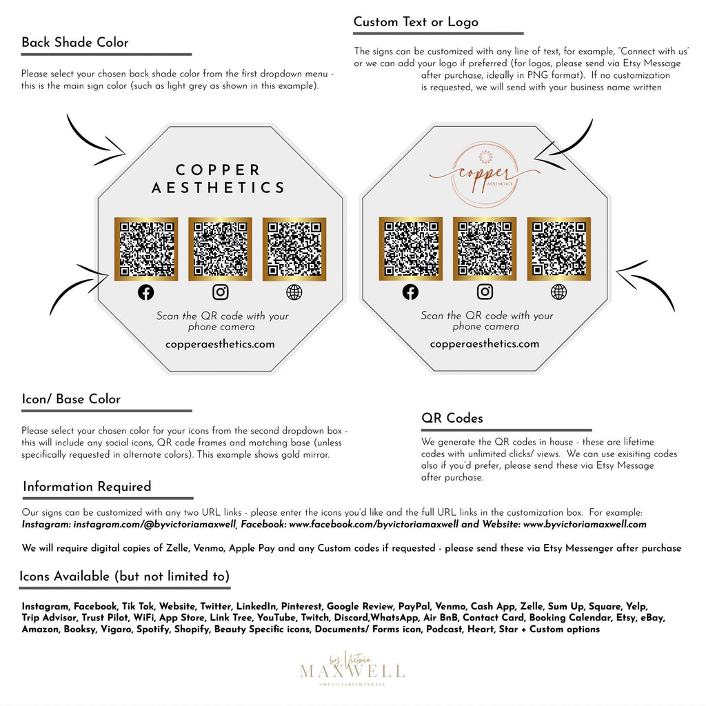 3 QR Code Business Social Media Sign | Salon Sign | Beauty Sign | QR Code Sign | Reviews or Payments