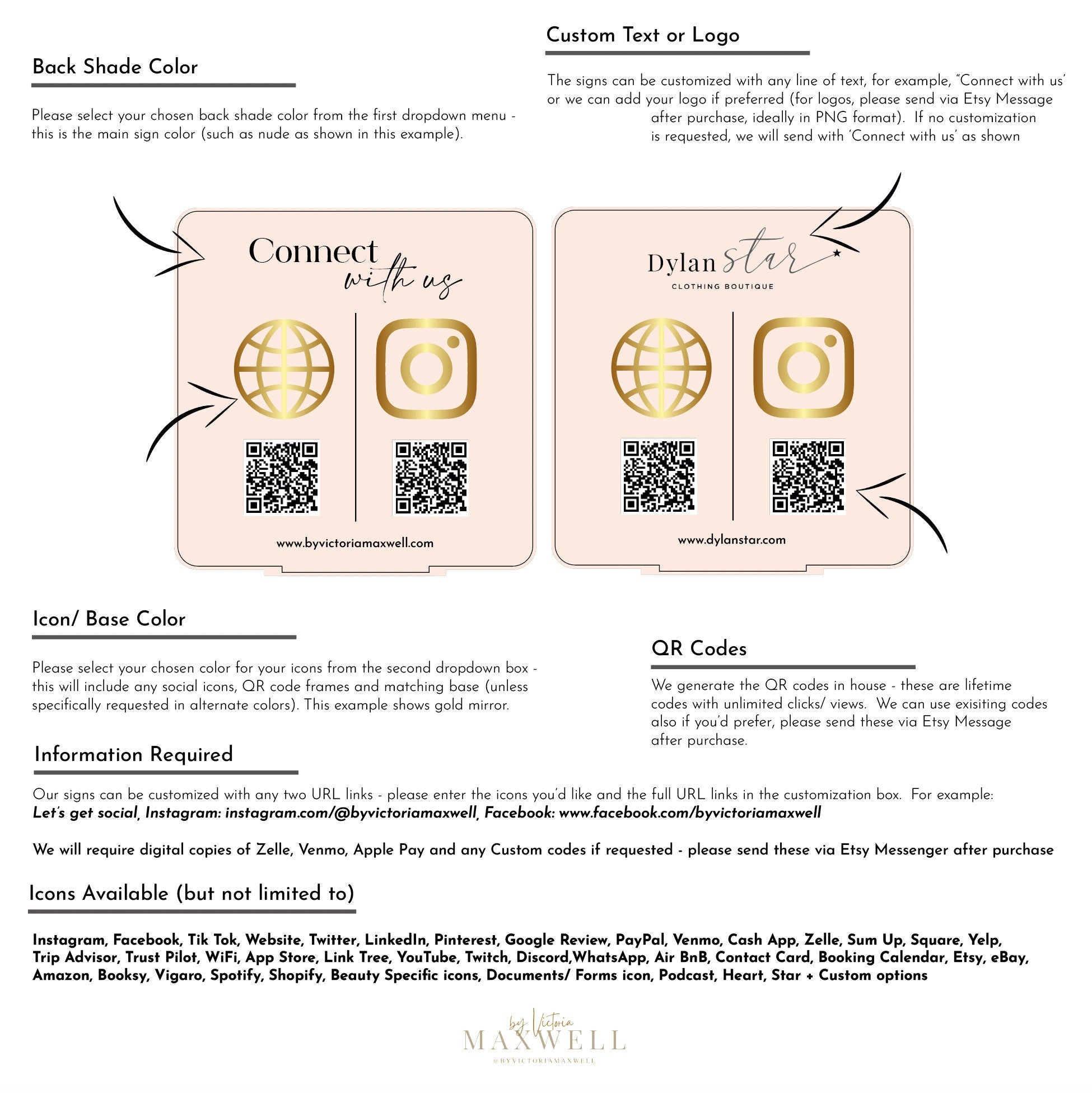 Business Review QR Code Sign, Social Media Sign Plaque, Connect With Us, Scan to Pay, Multi Social Platform Marketing