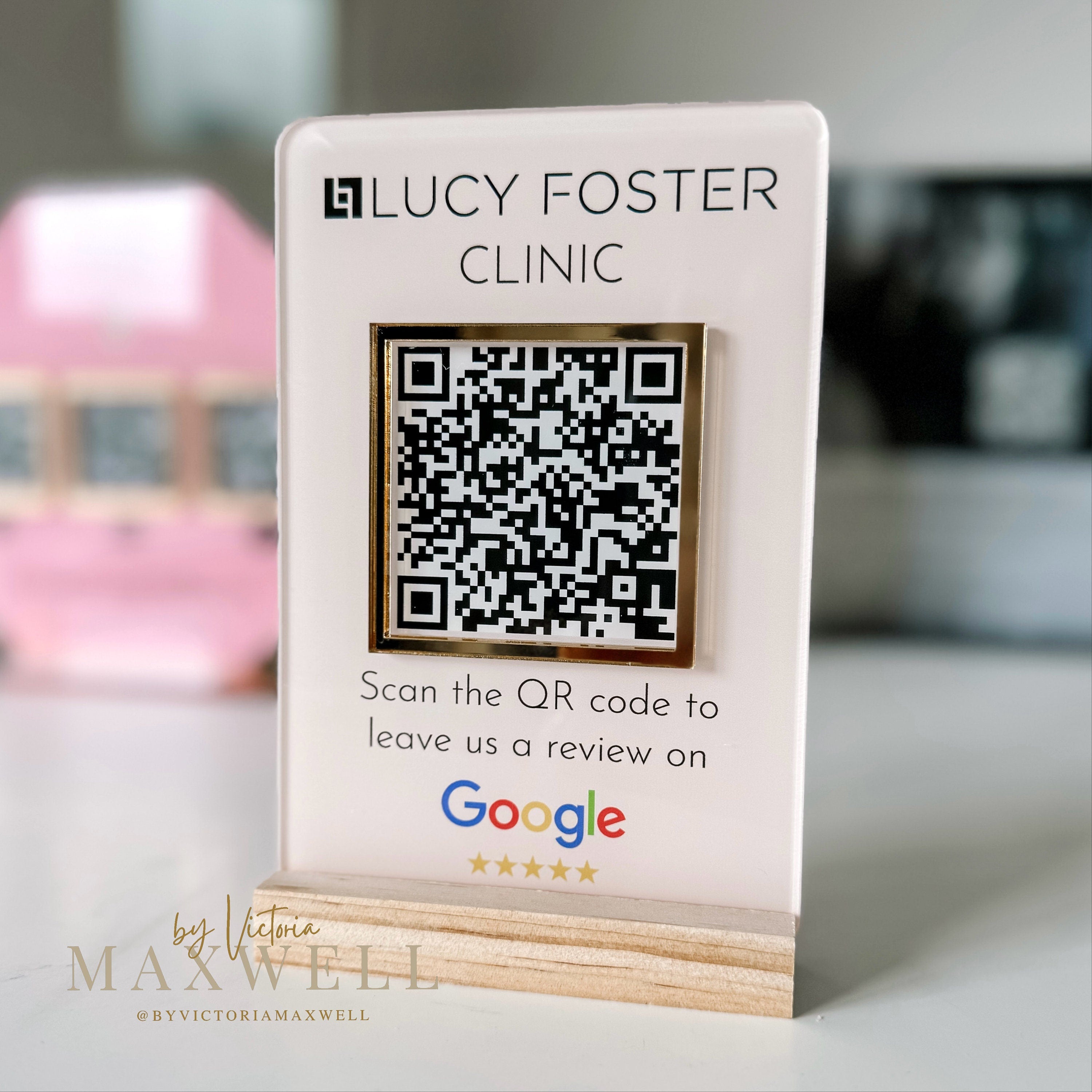 business logo sign, desk top google review sign, acrylic sign, QR code plaque, personalised table talker, small business marketing sign | By Victoria Maxwell - V&C Designs Ltd