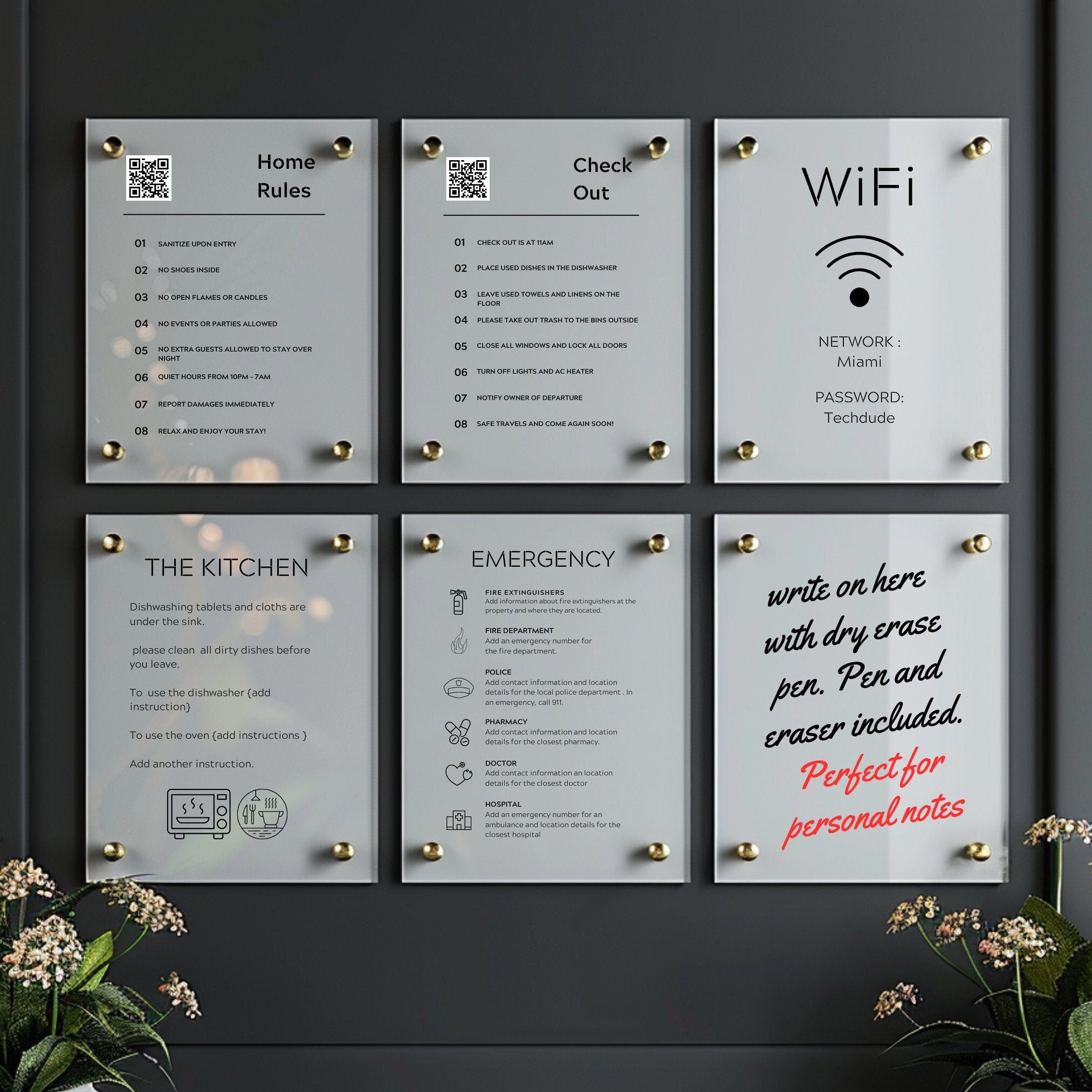 Set of 6 Air BNB information signs, Wall mounted custom acrylic. Guest welcome package folders. Super Host Holiday Letting