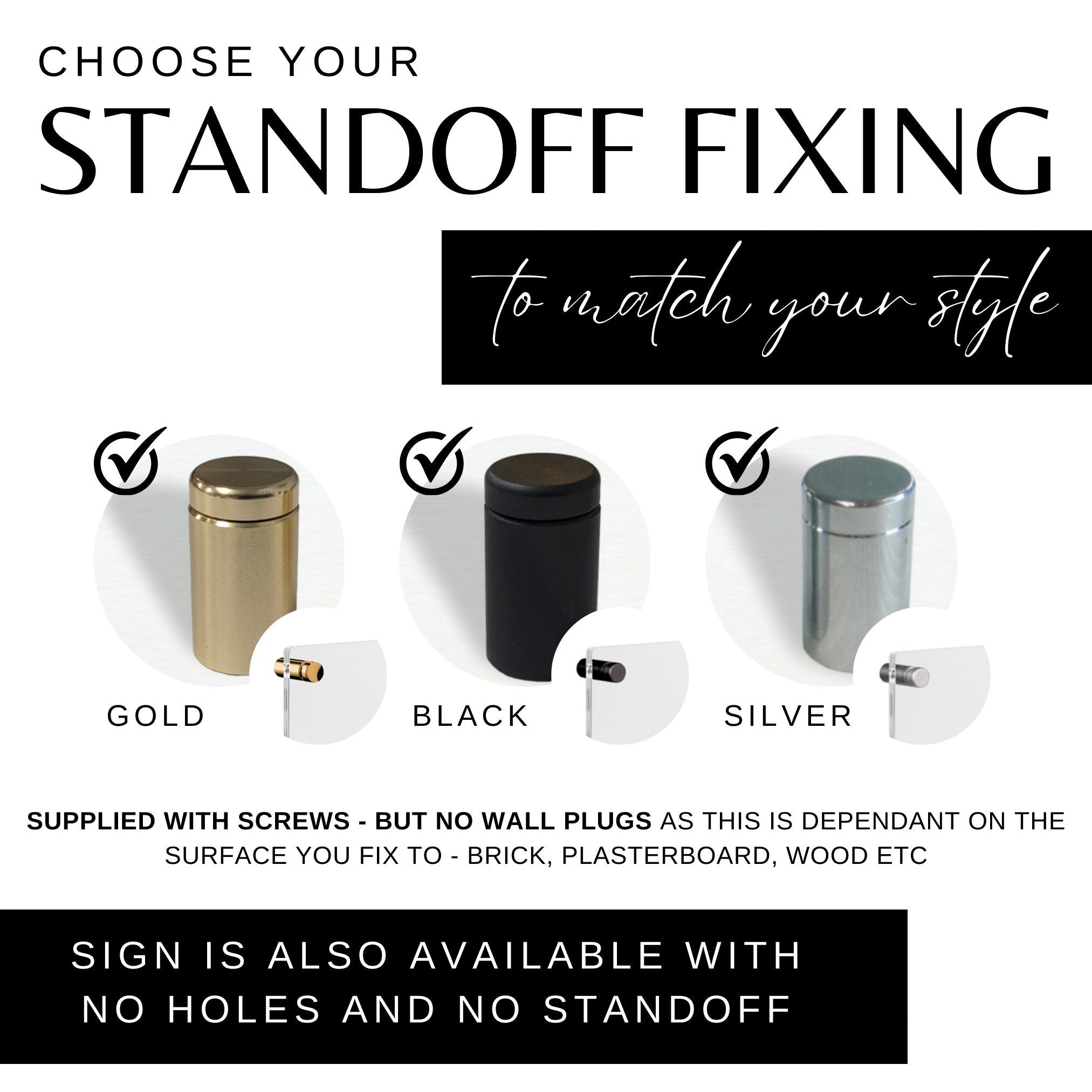 Standoff fixings colour selection image showing standoff fixings in Gold, Black & Silver | Spartan Fabrication